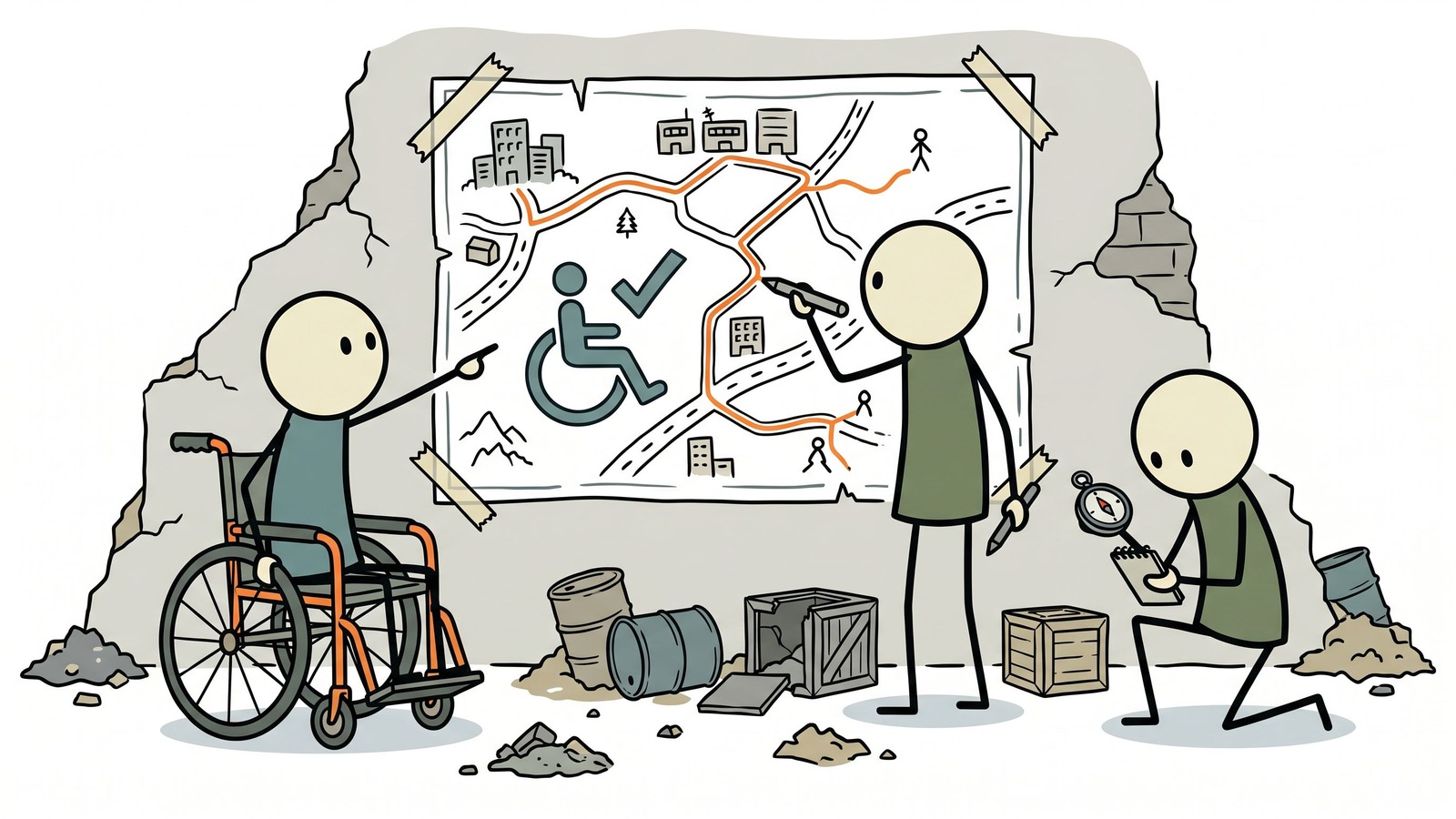 SC-stijl illustratie voor een uitgebreide gids voor mensen met een handicap over evacuatieplanning, communicatiebarrières, back-upstroom voor medische apparatuur, registers voor speciale behoeften en hoe zorgverleners ondersteuning kunnen coördineren.
