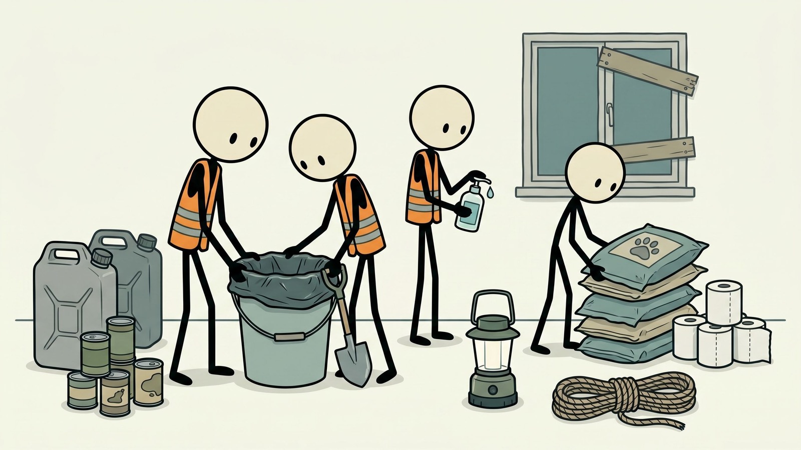 SC-stijl illustratie voor huishoudelijke sanitaire planning voor wateronderbrekingen inclusief toiletoplossingen, handhygiëne, afvalverwerking en ziektepreventie