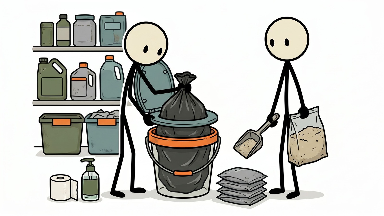 SC-stijl illustratie voor huishoudelijke sanitaire planning voor wateronderbrekingen inclusief toiletoplossingen, handhygiëne, afvalverwerking en ziektepreventie
