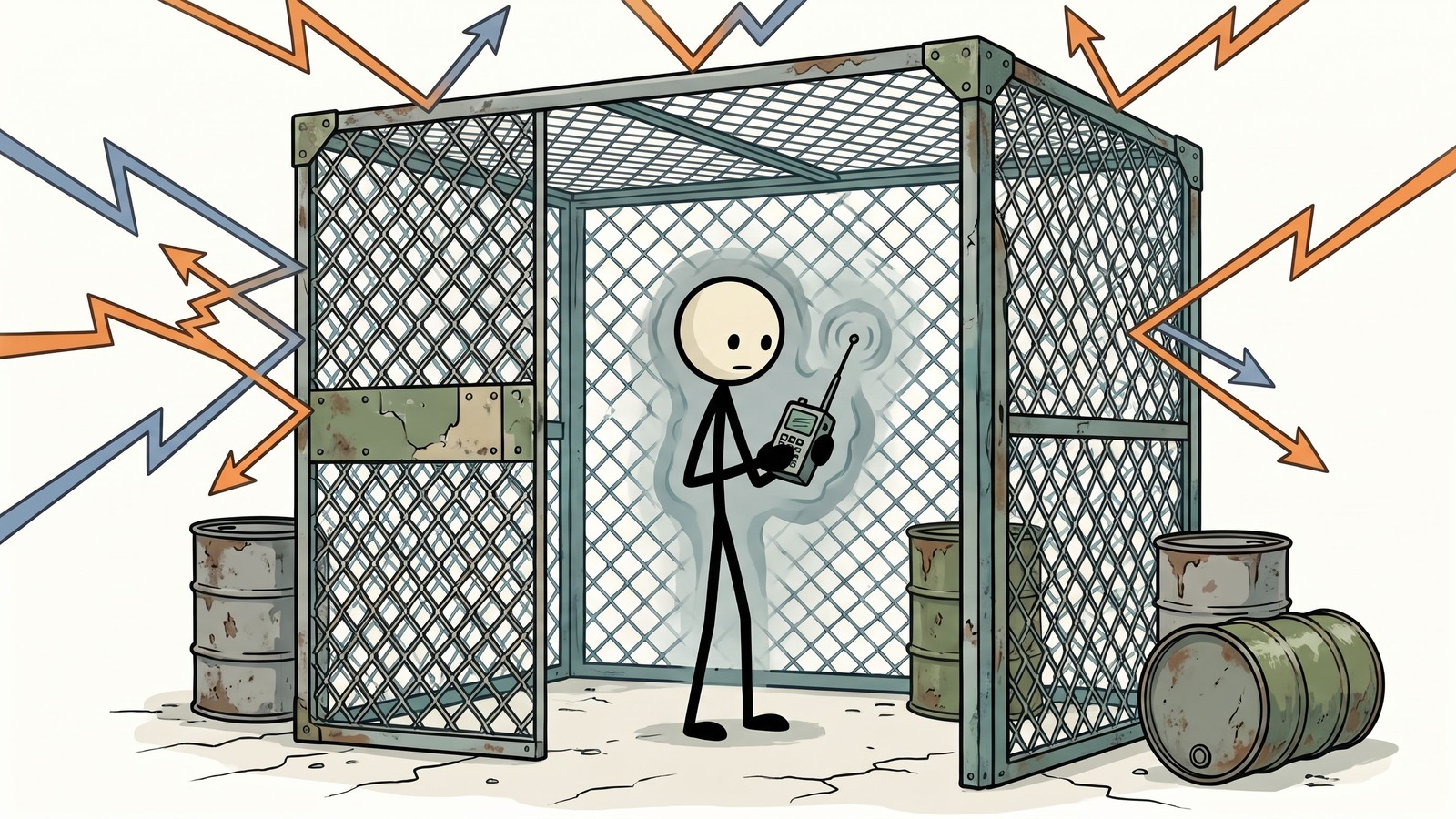 SC-stijl illustratie voor praktische EMP-paraatheid voor huishoudens inclusief Faraday-opslagopties, prioriteiten voor beschermde apparaten en testmethoden