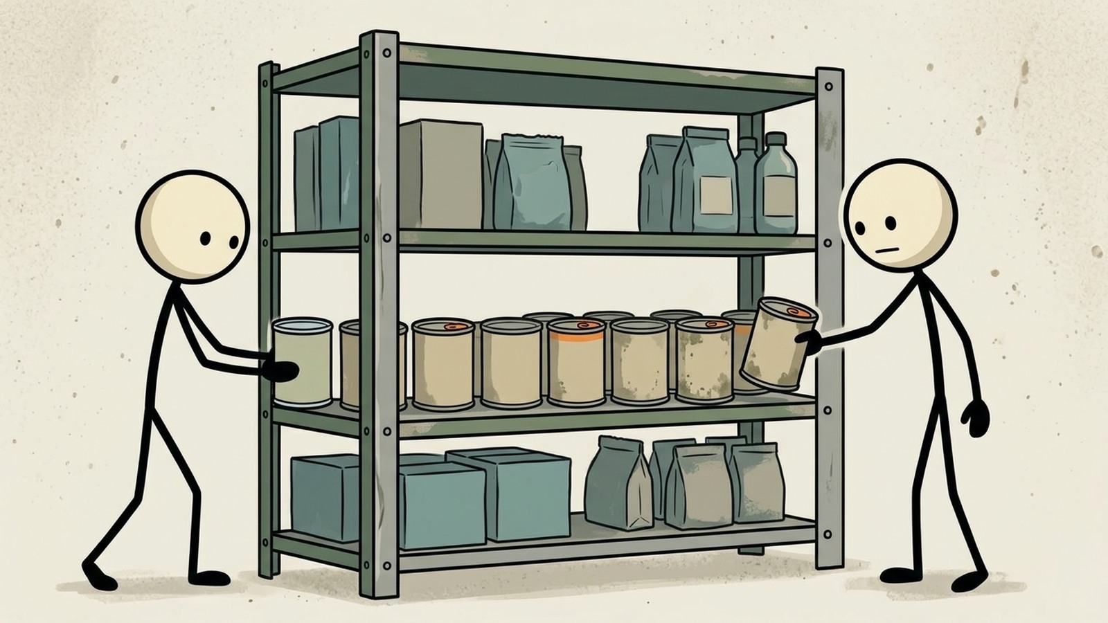SC-stijl illustratie voor Dit bericht biedt een uitgebreide, stapsgewijze handleiding voor het implementeren van de First-In, First-Out (FIFO) methodologie om noodvoedselvoorraden te organiseren en kostbare voedselverspilling te elimineren.