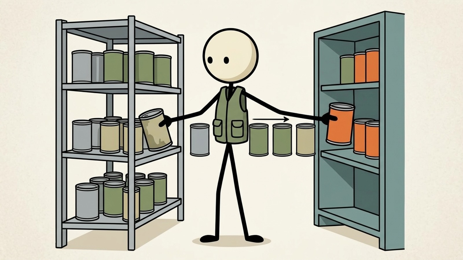 SC-stijl illustratie voor Dit bericht biedt een uitgebreide, stapsgewijze handleiding voor het implementeren van de First-In, First-Out (FIFO) methodologie om noodvoedselvoorraden te organiseren en kostbare voedselverspilling te elimineren.