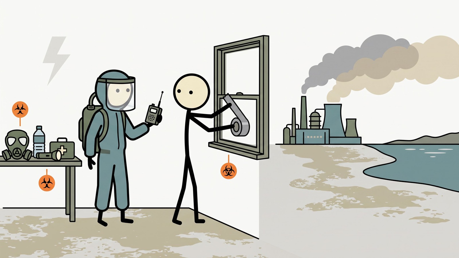 SC-stijl illustratie voor een uitgebreide gids op maat voor bewoners van de Golfkust over hoe ze zich moeten voorbereiden op, schuilen voor en veilig evacueren tijdens industriële petrochemische lekkages en noodsituaties met gevaarlijke stoffen, verergerd door zware weersomstandigheden.