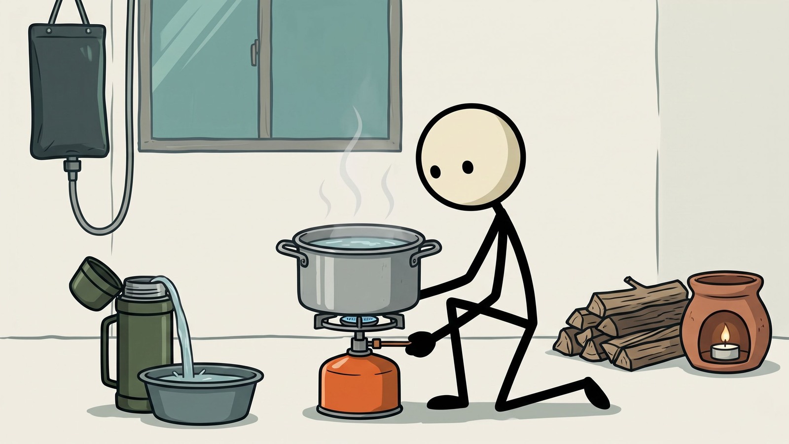 SC-stijl illustratie voor een uitgebreide gids met veilige, praktische en diverse methoden voor het verwarmen van water tijdens een langdurige stroomuitval of een scenario zonder elektriciteitsnet.