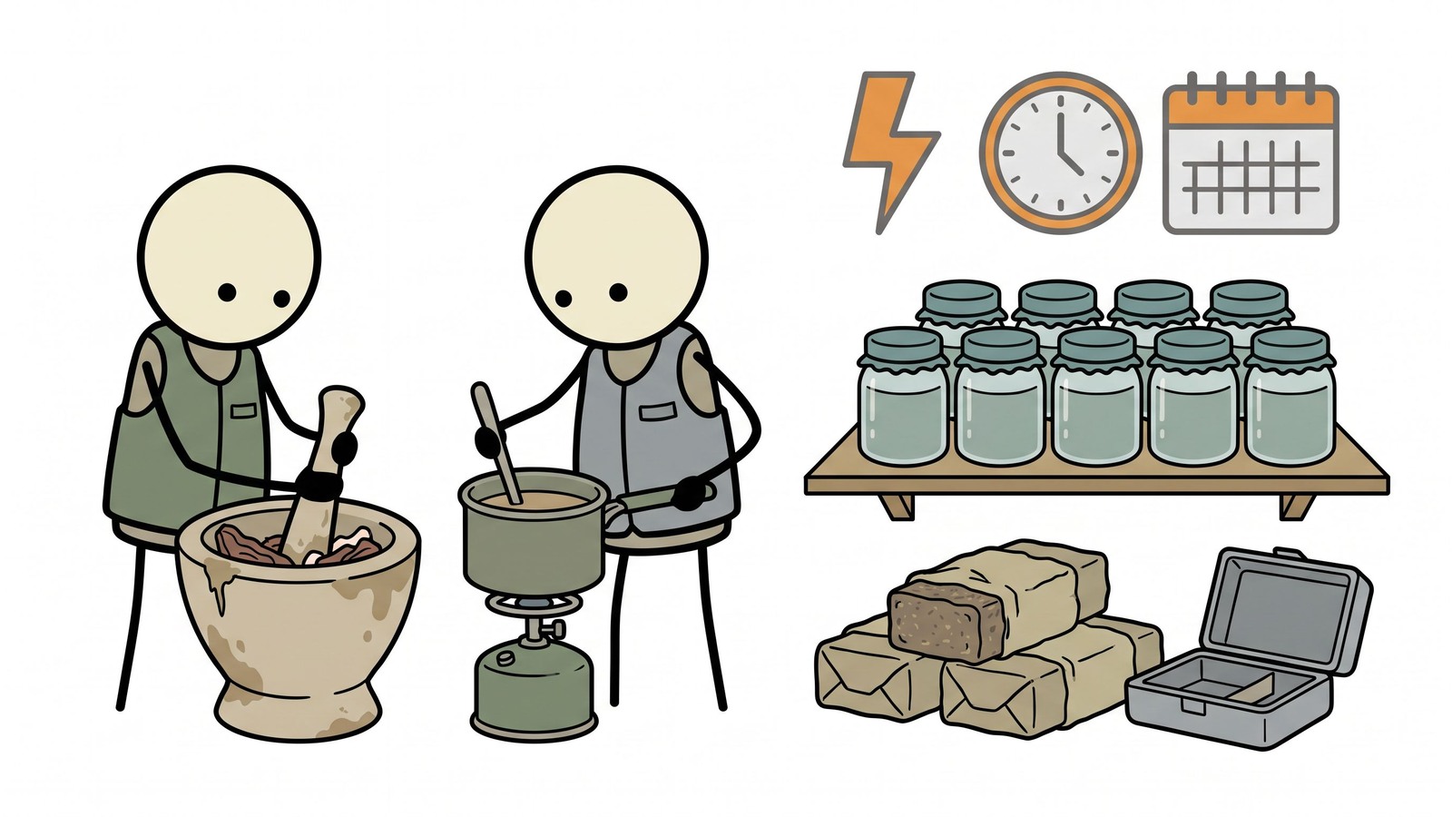 Illustratie in SC-stijl voor een uitgebreide, stapsgewijze handleiding voor het maken van traditionele pemmican, gericht op de voedingsdichtheid, historische betekenis en conserveringstechnieken voor langdurige overleving in noodsituaties.