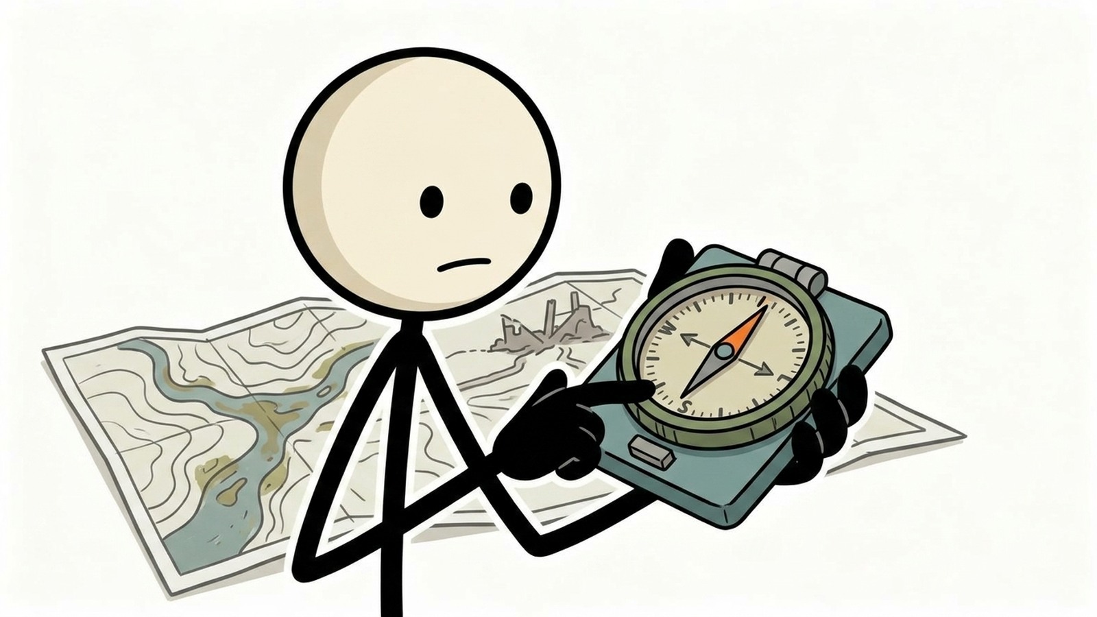 SC-stijl illustratie voor Praktische gids voor navigeren met een topografische kaart en kompas wanneer GPS niet beschikbaar is