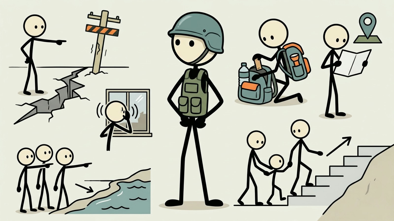 SC-stijl illustratie voor dekking van regenvalrisico, waarschuwingssignalen van eigendommen, evacuatietriggers en veiligere acties tijdens een aardverschuiving.