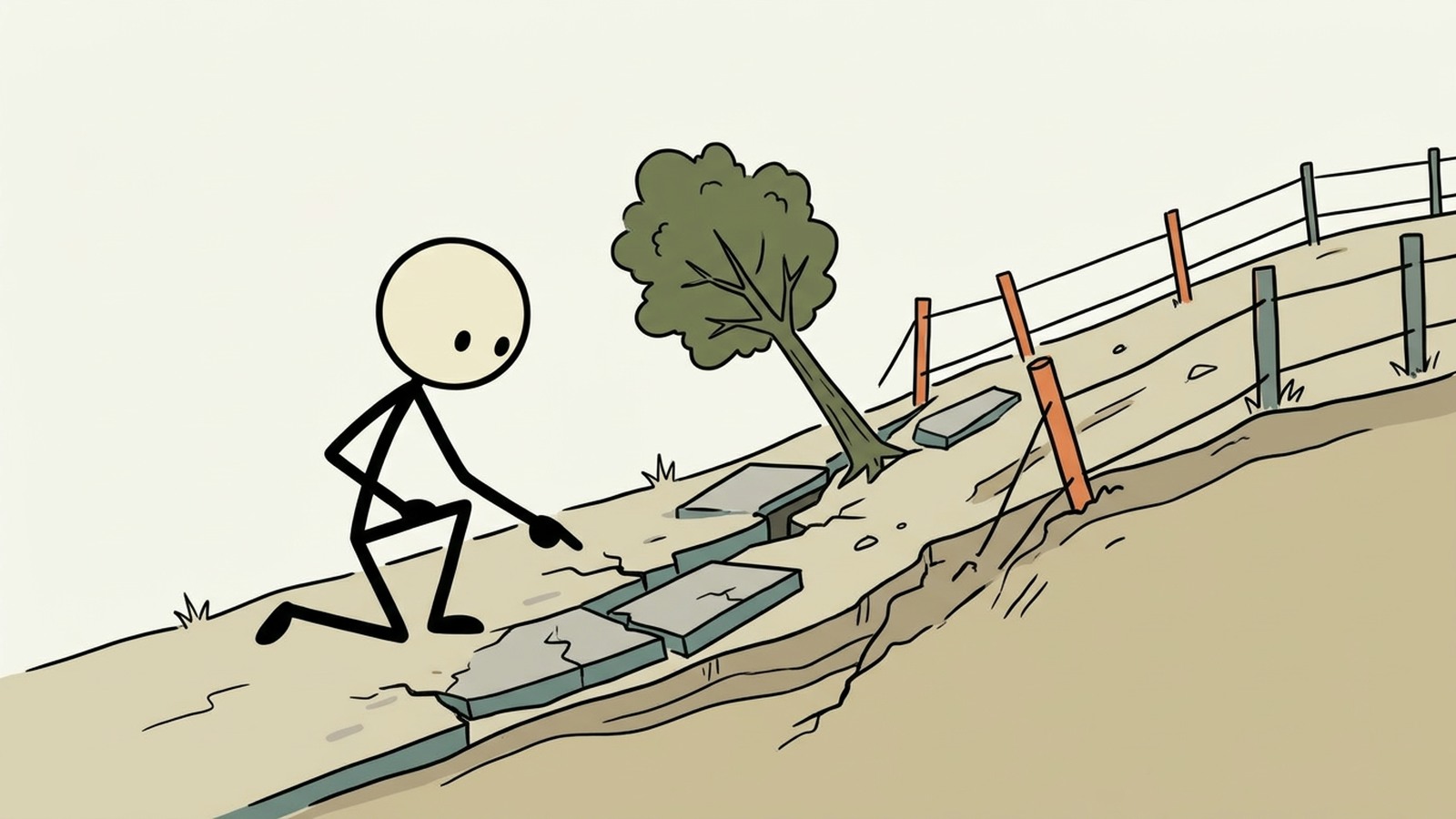 SC-stijl illustratie voor dekking van regenvalrisico, waarschuwingssignalen van eigendommen, evacuatietriggers en veiligere acties tijdens een aardverschuiving.
