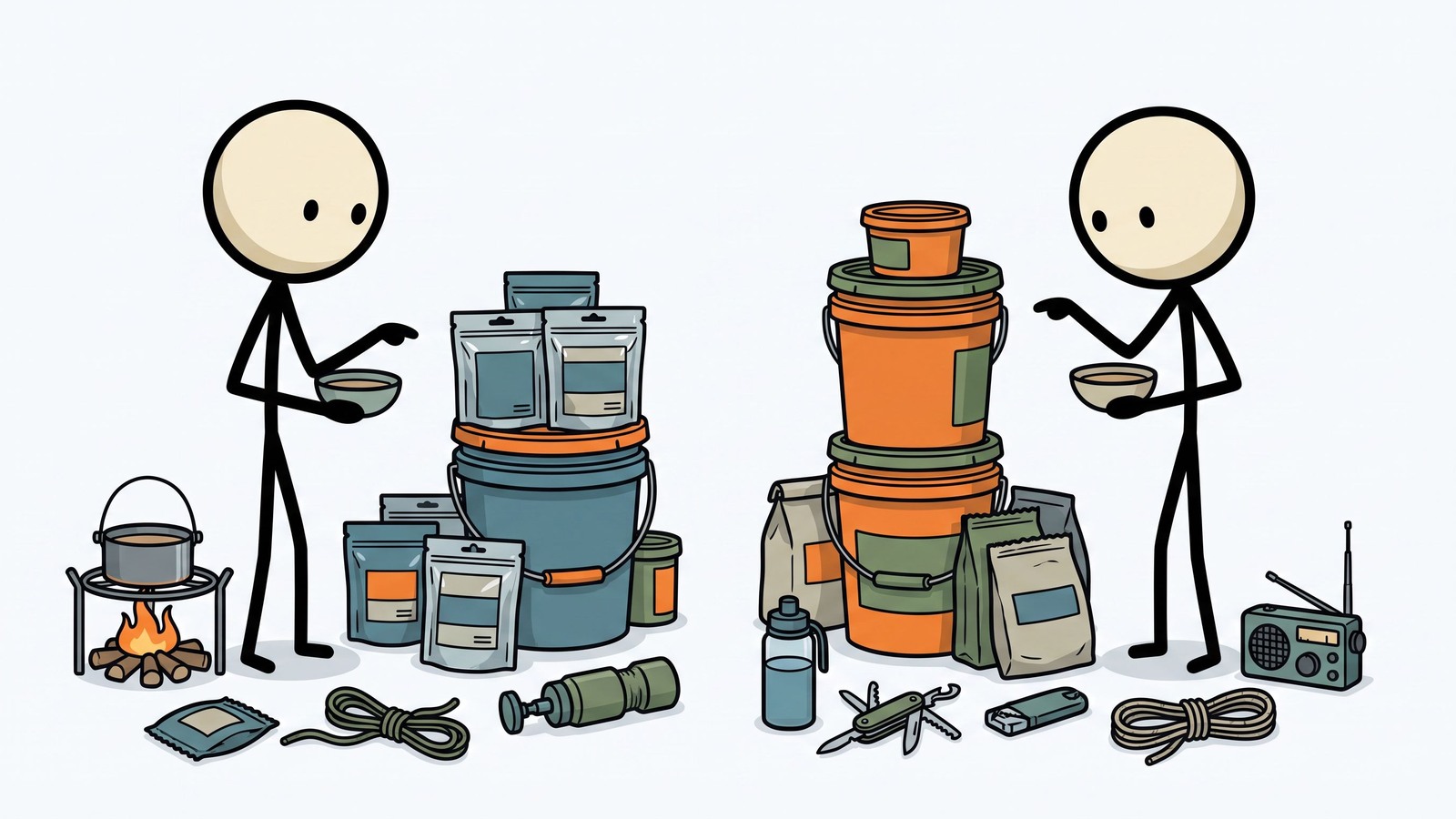 SC-stijl illustratie voor een directe vergelijking van noodvoedsel van Mountain House vs ReadyWise voor thuisvoorbereiding. Leg uit voor wie elk merk geschikt is, maaltijdkwaliteit, houdbaarheidsclaims, calorieën per dag, eiwit, natrium, benodigd water, bereidingsmethode, verpakking, opslagruimte, kosten per calorie, en hoe beide merken te gebruiken binnen een praktisch huishoudelijk noodvoedselplan.