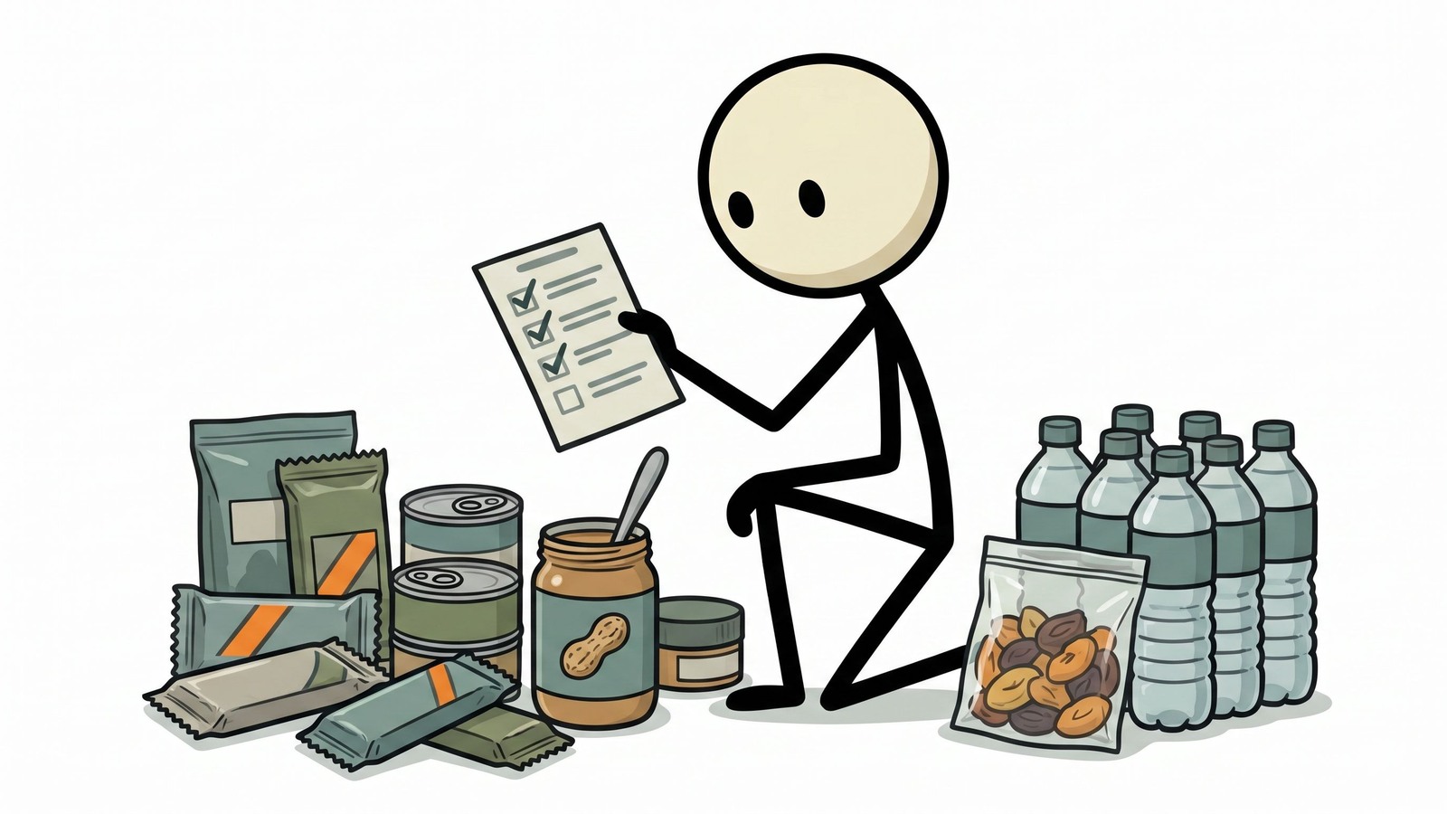 SC-stijl illustratie voor het ontwerpen van een noodmenu zonder koken met houdbare voedingsmiddelen, hydratatiestrategie, voedingsbalans en afvalarme bereiding