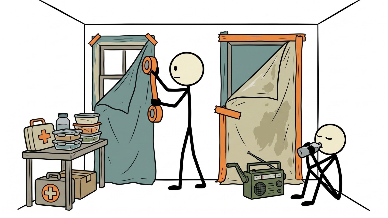 SC-stijl illustratie voor Deze gids biedt bruikbare, stapsgewijze instructies voor preppers en bezorgde burgers over hoe ze veilig de kritieke eerste 24 uur na een nucleaire explosie kunnen doorstaan om blootstelling aan straling te minimaliseren.