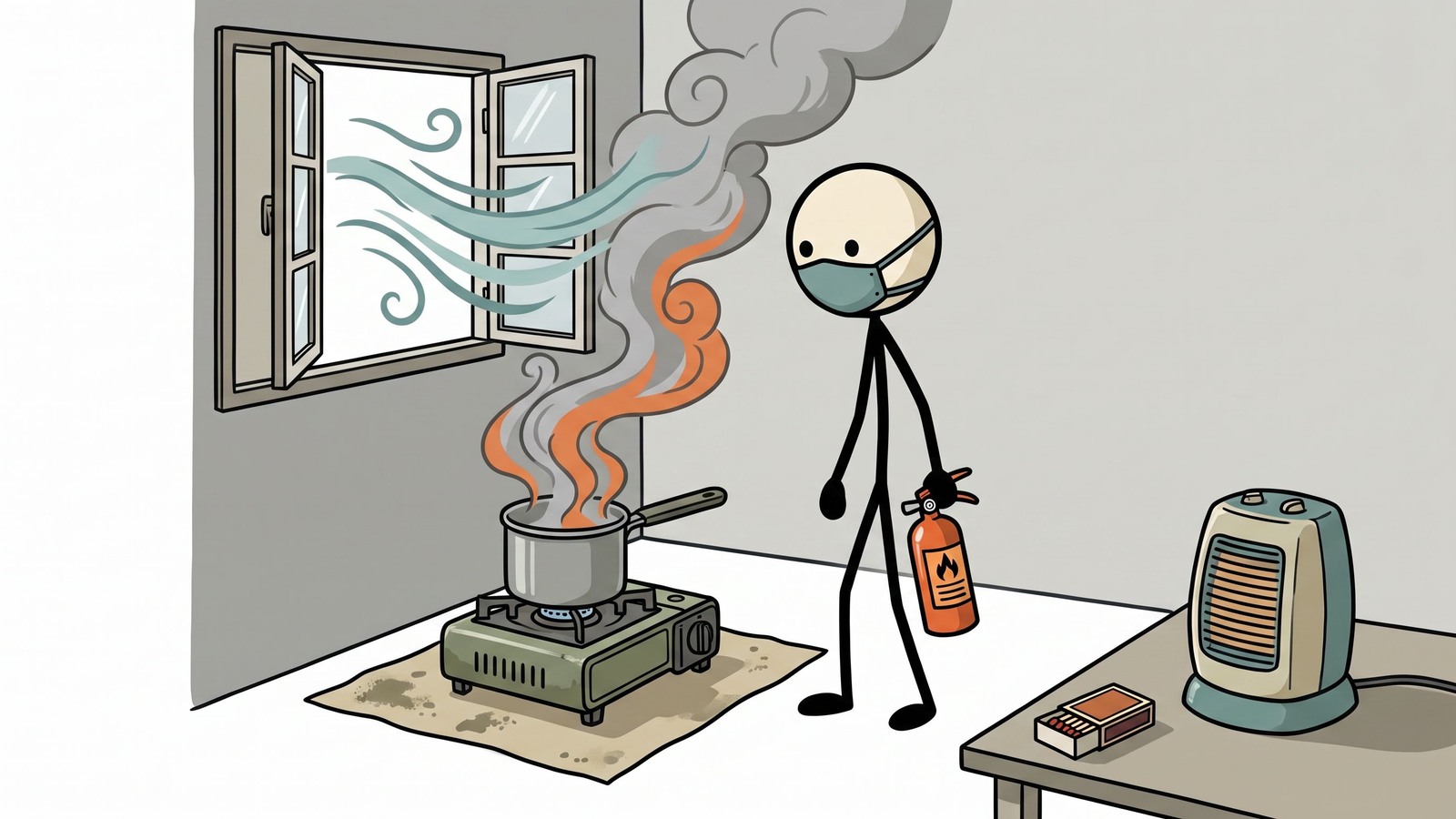 SC-stijl illustratie voor Dit bericht biedt een uitgebreide gids voor acht betrouwbare off-grid kookmethoden, waardoor lezers in staat worden gesteld om veilig warme maaltijden te bereiden tijdens stroomuitval of overlevingssituaties.