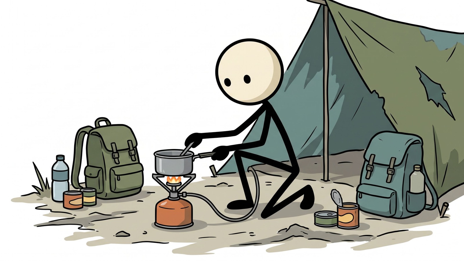 SC-stijl illustratie voor Dit bericht biedt een uitgebreide gids voor acht betrouwbare off-grid kookmethoden, waardoor lezers in staat worden gesteld om veilig warme maaltijden te bereiden tijdens stroomuitval of overlevingssituaties.