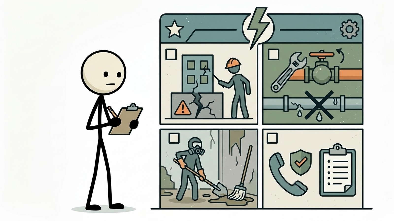 Illustratie in SC-stijl voor veiligheid, documentatie, verzekering, nutsvoorzieningen, opruimen, archieven en emotioneel herstel na een gebeurtenis.