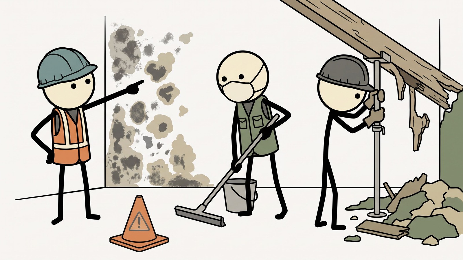 SC-stijl illustratie voor Een uitgebreide overlevingsgids om uw huis veilig terug te winnen na een overstroming, gericht op het identificeren van structurele gevaren, het voorkomen van giftige schimmelgroei en het uitvoeren van een stapsgewijs saneringsprotocol.
