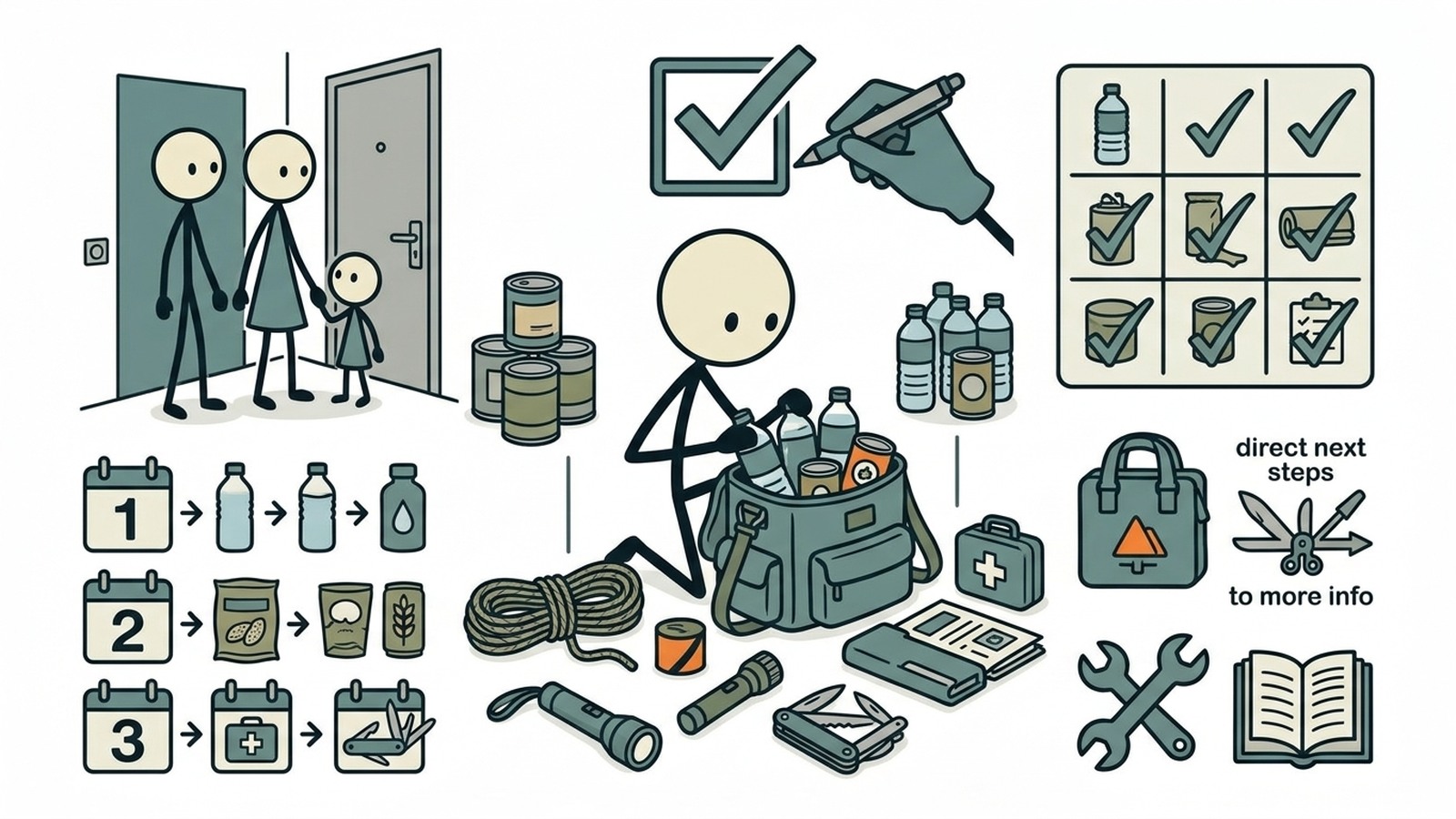 SC-stijl illustratie voor Een praktische checklist voor noodparaatheid voor beginners voor normale gezinnen. Leg uit hoe je kunt beginnen met preppen zonder angst of angst-gebaseerde kaders. Inclusief een afdrukbare checklist voor noodsituaties thuis, een 6-weken starterplan, basisprincipes voor beginnende preppers, beperkingen voor kleine appartementen en gezinnen, en directe volgende stappen naar Protocol Survival tools, gratis cursus, gids voor noodparaatheid en relevante cursussen.