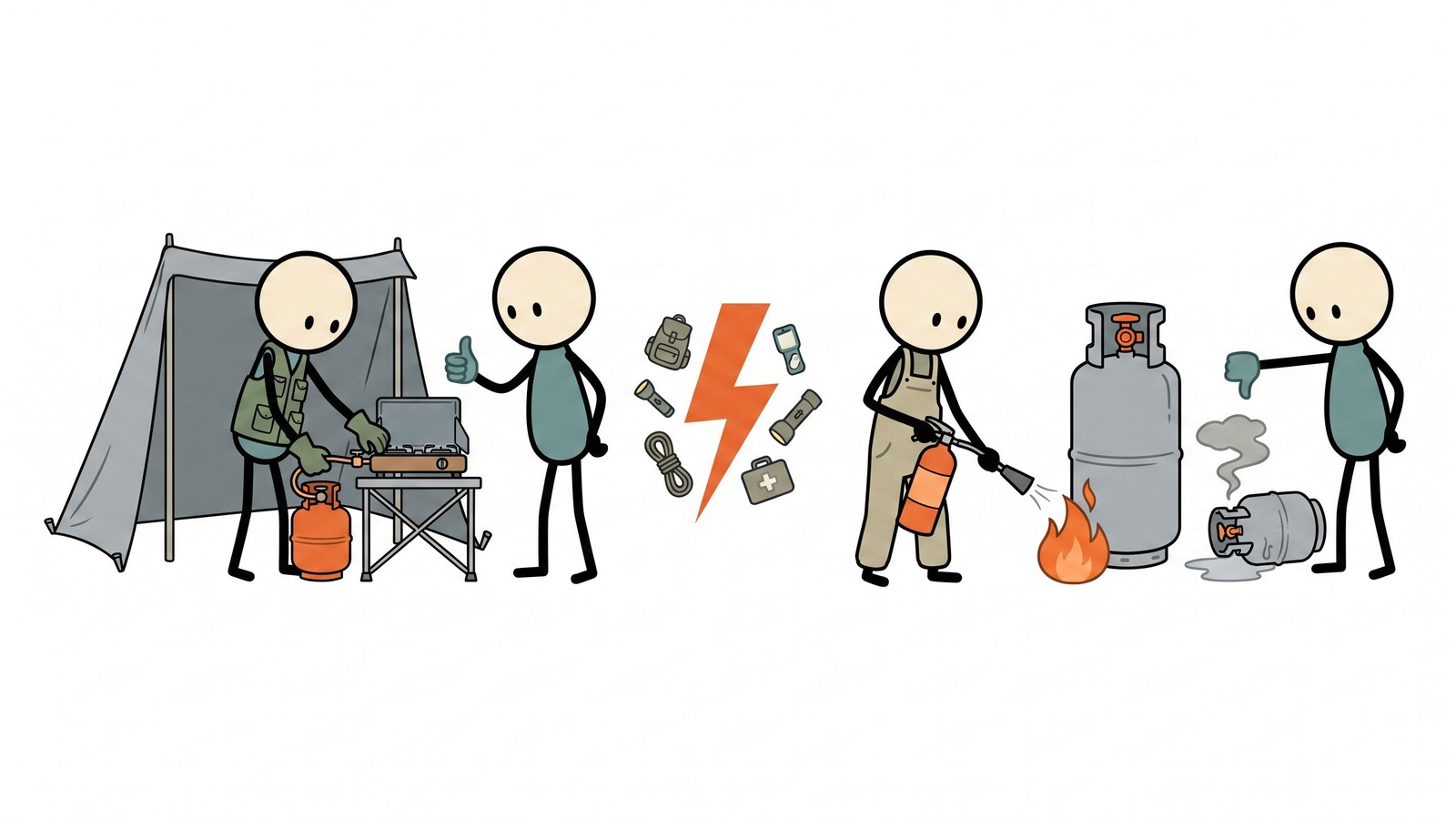 SC-stijl illustratie voor Een uitgebreide gids voor preppers over hoe propaan veilig op te slaan, te hanteren en de behoeften te berekenen voor langdurige off-grid overleving en noodparaatheid.