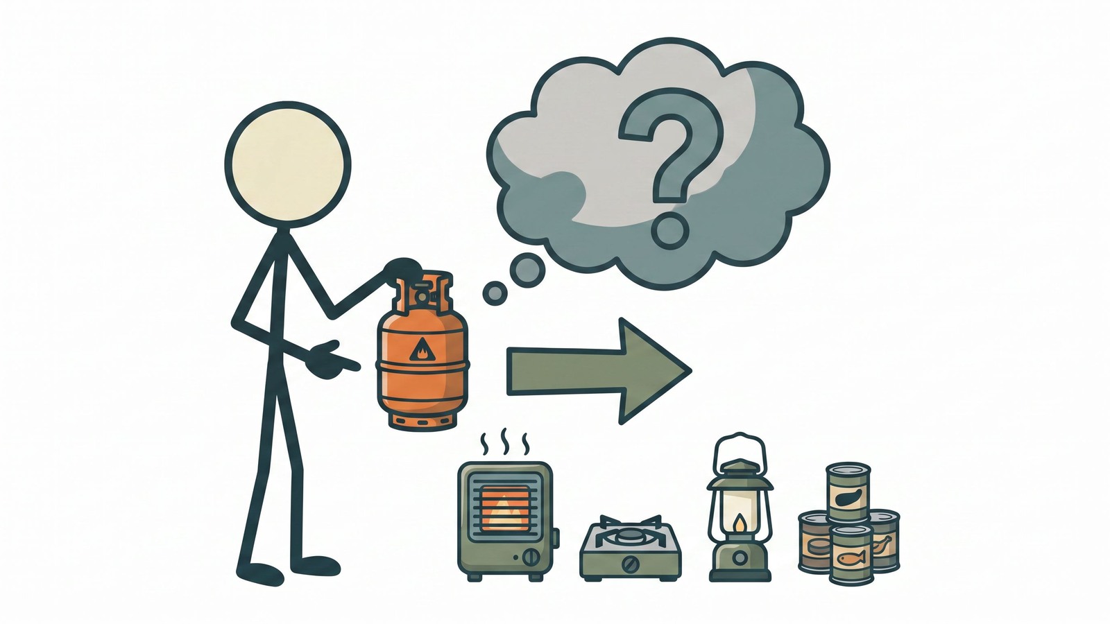 SC-stijl illustratie voor Een uitgebreide gids voor preppers over hoe propaan veilig op te slaan, te hanteren en de behoeften te berekenen voor langdurige off-grid overleving en noodparaatheid.