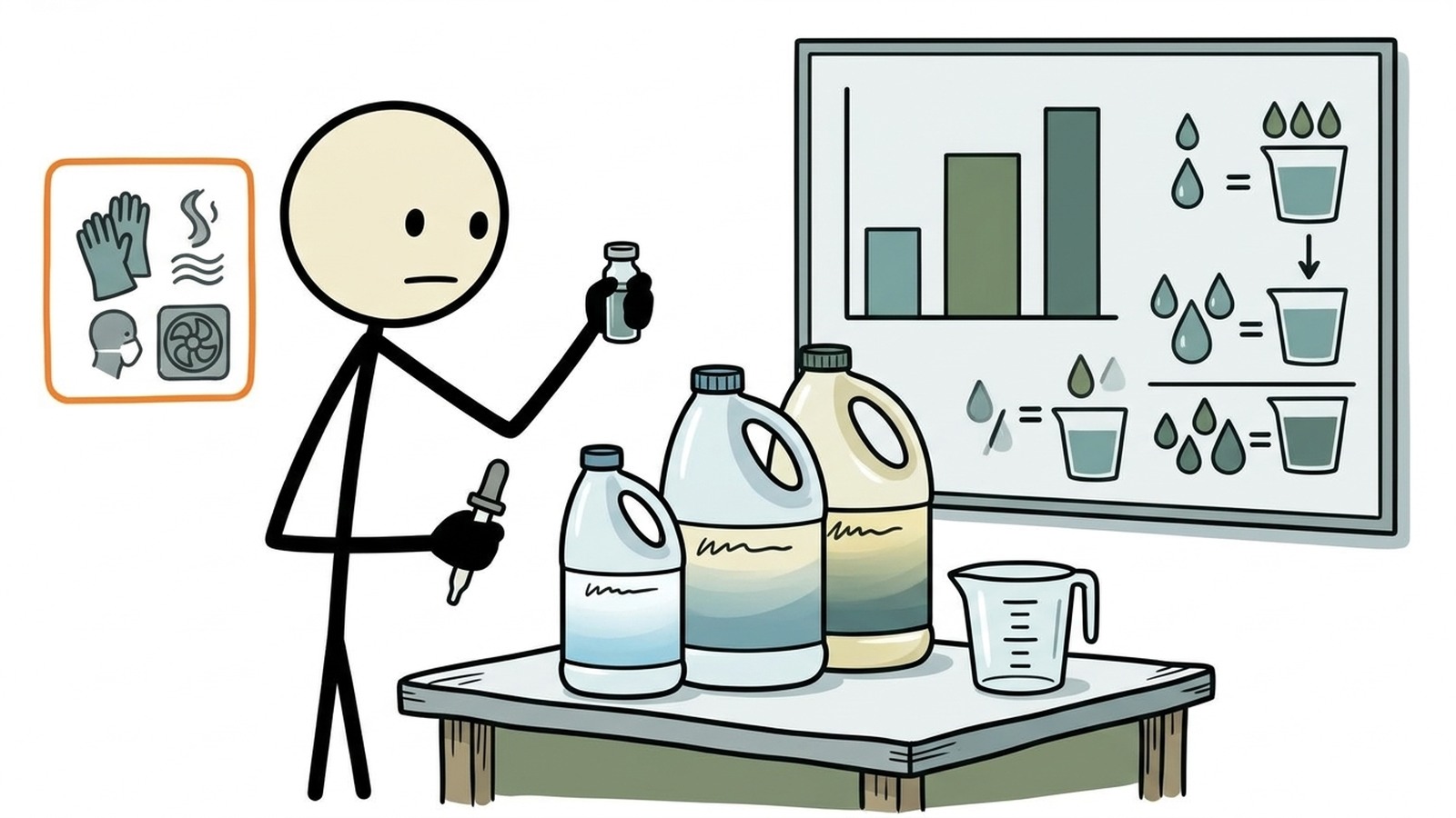 SC-stijl illustratie voor het uitleggen van de dosering van ongeparfumeerd huishoudbleekmiddel, contacttijd, limieten en wanneer een andere methode vereist is.