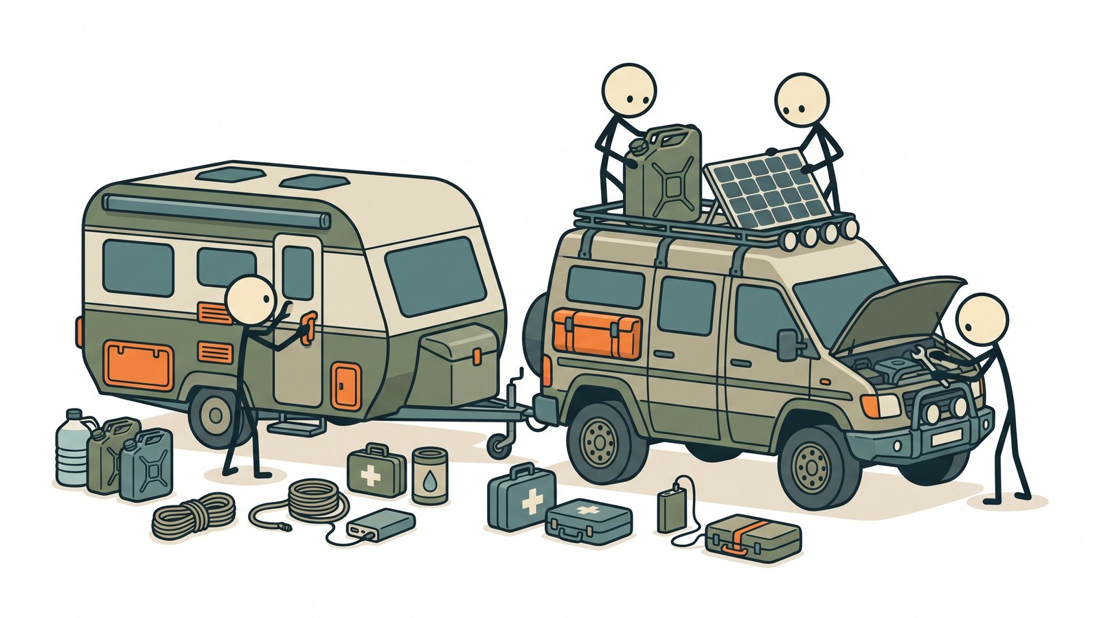 SC-stijl illustratie voor Deze uitgebreide gids onderzoekt hoe u strategisch een camper of caravan kunt uitrusten, bevoorraden en gebruiken als een zelfvoorzienende mobiele overlevingsschuilplaats tijdens noodevacuaties.