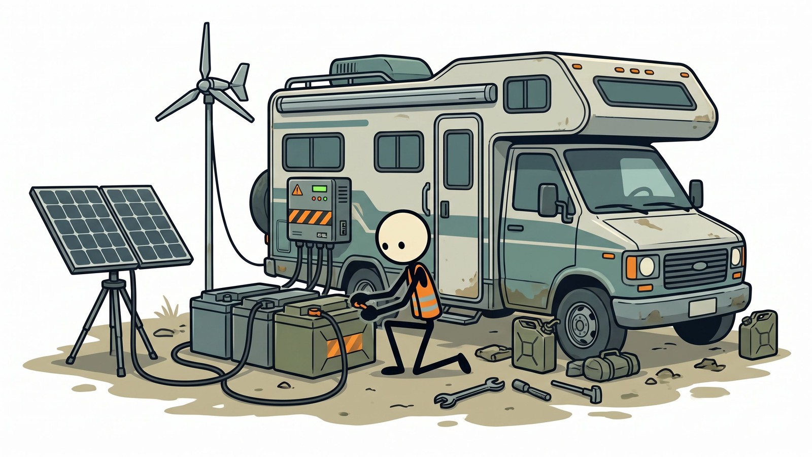 SC-stijl illustratie voor Deze uitgebreide gids onderzoekt hoe u strategisch een camper of caravan kunt uitrusten, bevoorraden en gebruiken als een zelfvoorzienende mobiele overlevingsschuilplaats tijdens noodevacuaties.
