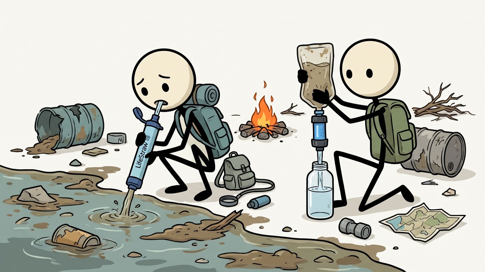 Illustratie van het gebruik van Sawyer Squeeze en LifeStraw waterfilter in noodsituaties