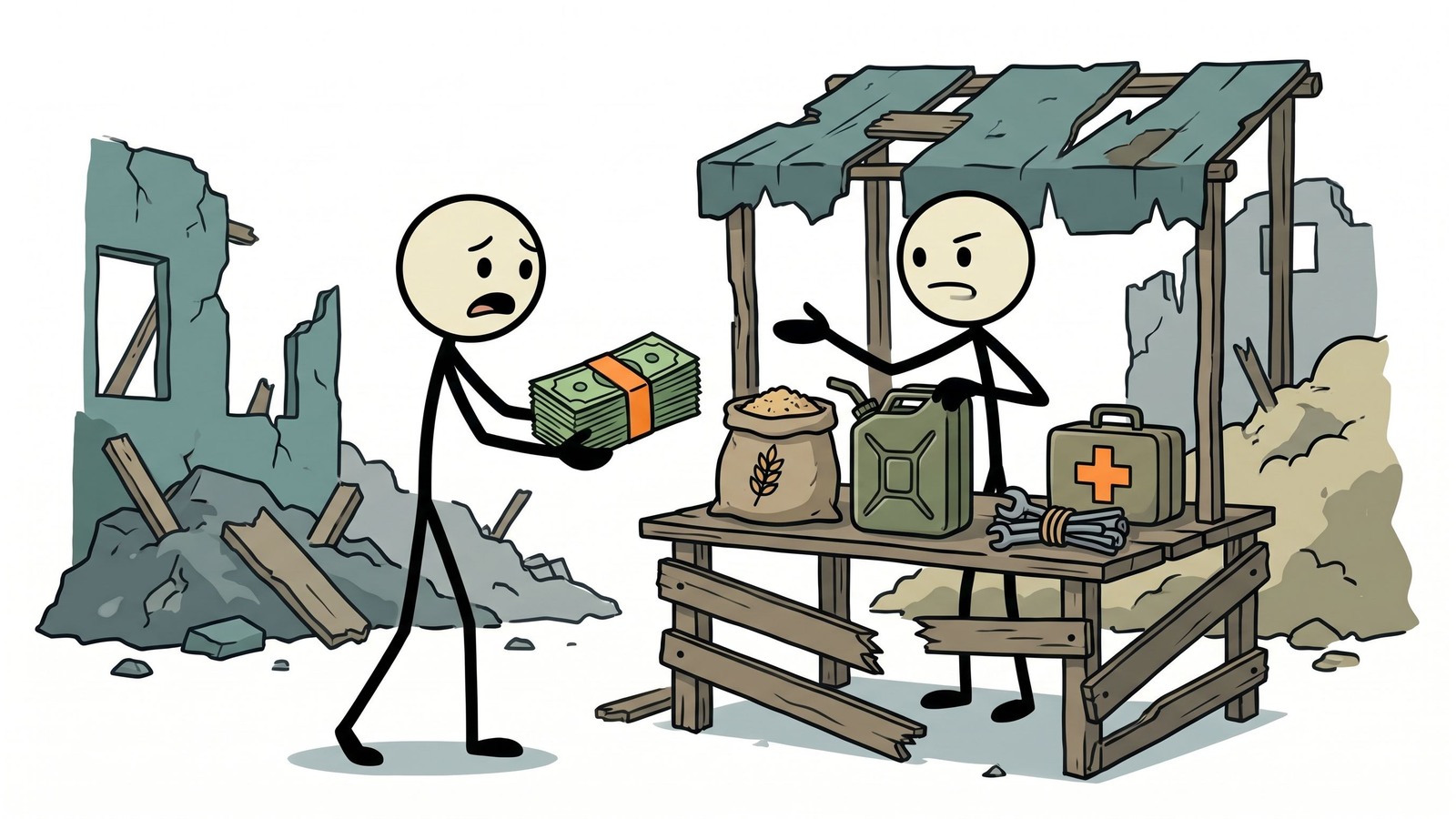 SC-stijl illustratie voor Dit bericht analyseert het nut en de ruilwaarde in de praktijk van edelmetalen versus fiduciair geld tijdens verschillende stadia van economische ineenstorting of stroomuitvalnoodsituaties.