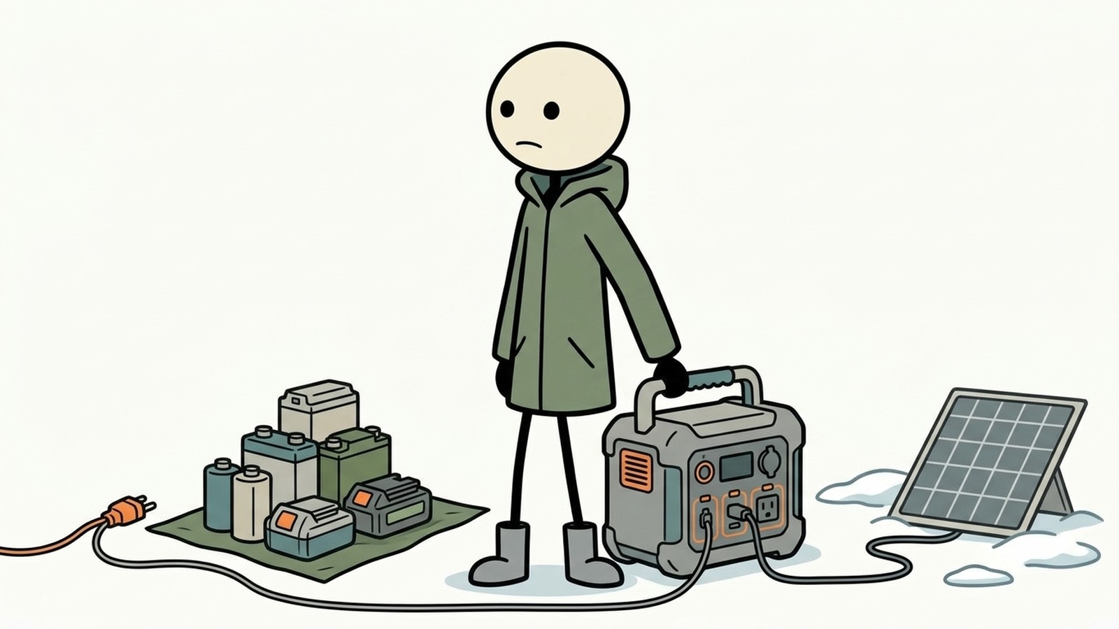 SC-stijl illustratie voor Plan echte winterprestaties rond paneelhoek, sneeuw, batterijtemperatuur en minder daglicht.