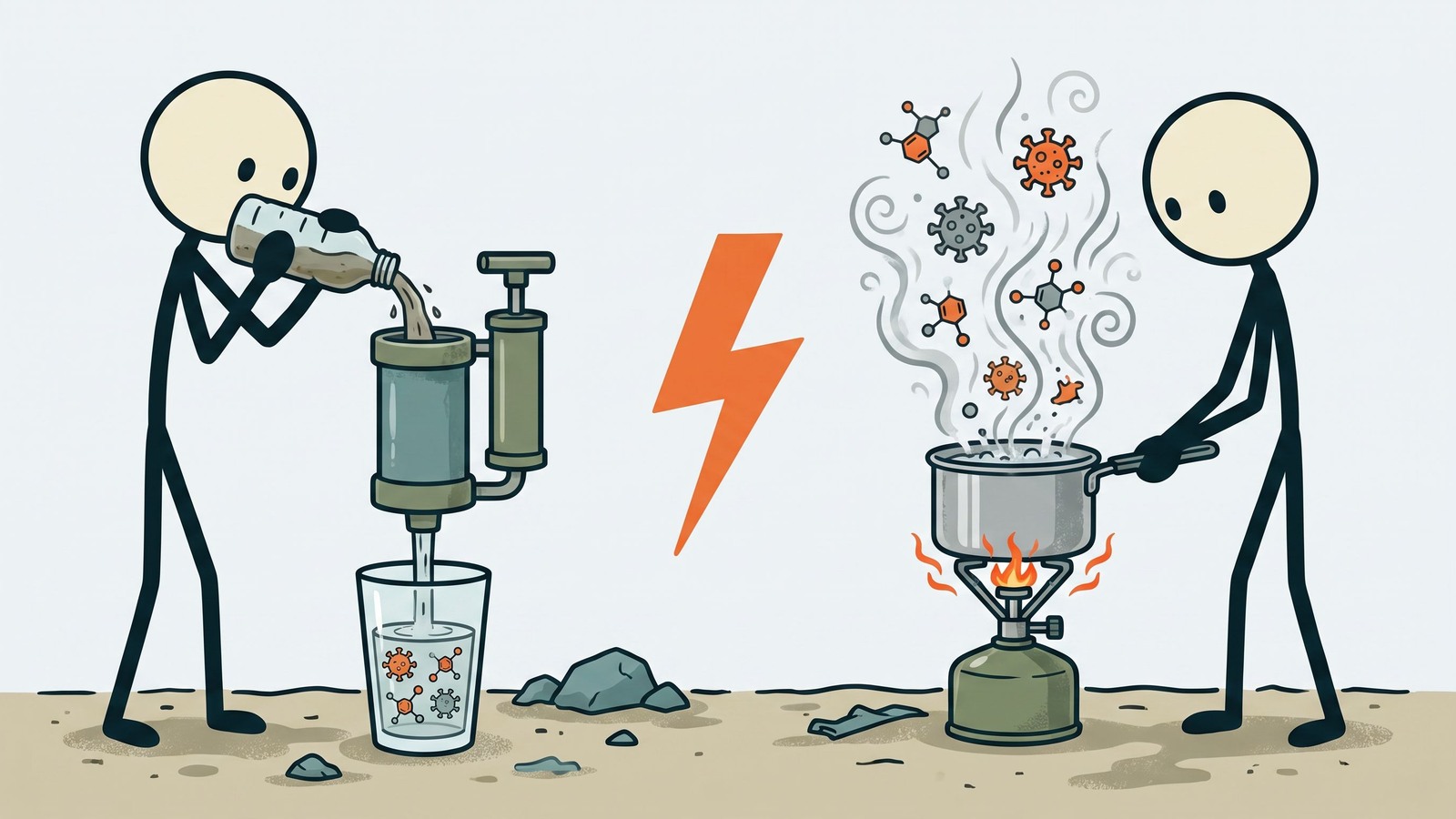 SC-stijl illustratie voor Dit bericht ontkracht gevaarlijke misvattingen over draagbare waterfilters door de specifieke verontreinigingen te identificeren die ze niet kunnen verwijderen en de kritieke scenario's te schetsen waarin koken de enige veilige zuiveringsmethode is.