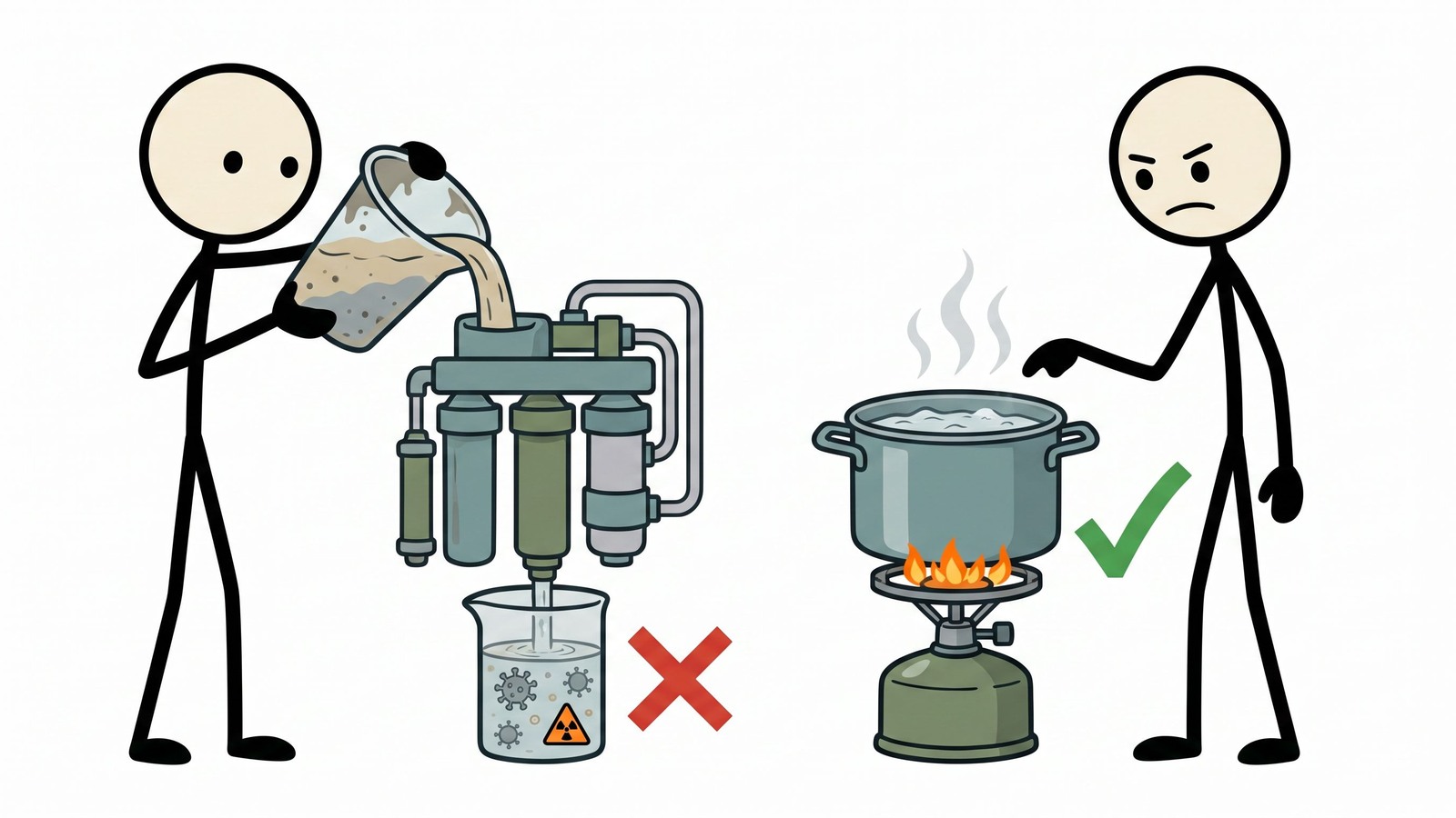 SC-stijl illustratie voor Dit bericht ontkracht gevaarlijke misvattingen over draagbare waterfilters door de specifieke verontreinigingen te identificeren die ze niet kunnen verwijderen en de kritieke scenario's te schetsen waarin koken de enige veilige zuiveringsmethode is.