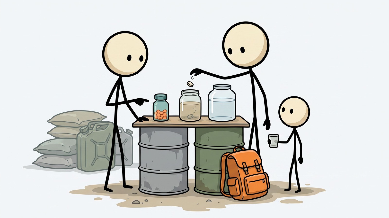 SC-stijl illustratie voor een praktische noodgids voor waterzuiveringstabletten voor gezinnen, vergelijking van jodium, chloordioxide en natriumhypochloriet bleekmiddel; uitleg over houdbaarheid, wanneer tabletten beter zijn dan filters, wanneer filters beter zijn dan tabletten, veilig gebruik en aankoopadvies.
