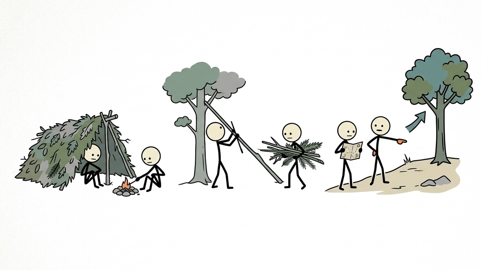 SC-stijl illustratie voor Deze uitgebreide gids biedt stapsgewijze instructies voor het bouwen van zes zeer effectieve, beginnersvriendelijke noodonderkomens in de wildernis met behulp van direct beschikbare natuurlijke hulpbronnen om te overleven in kritieke buitensituaties.