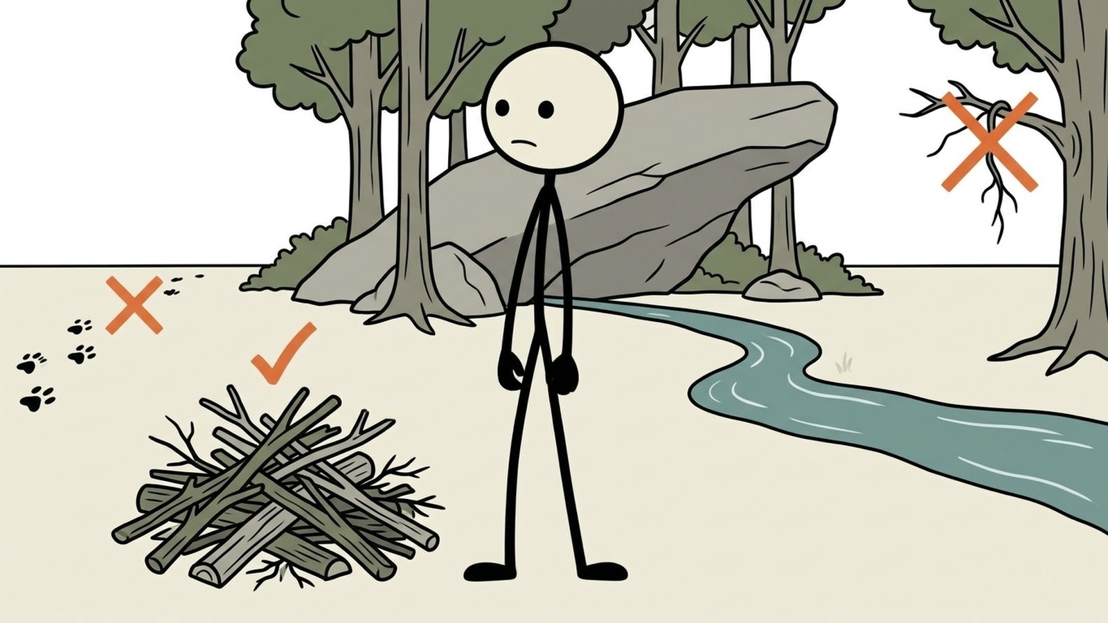 SC-stijl illustratie voor Deze uitgebreide gids biedt stapsgewijze instructies voor het bouwen van zes zeer effectieve, beginnersvriendelijke noodonderkomens in de wildernis met behulp van direct beschikbare natuurlijke hulpbronnen om te overleven in kritieke buitensituaties.