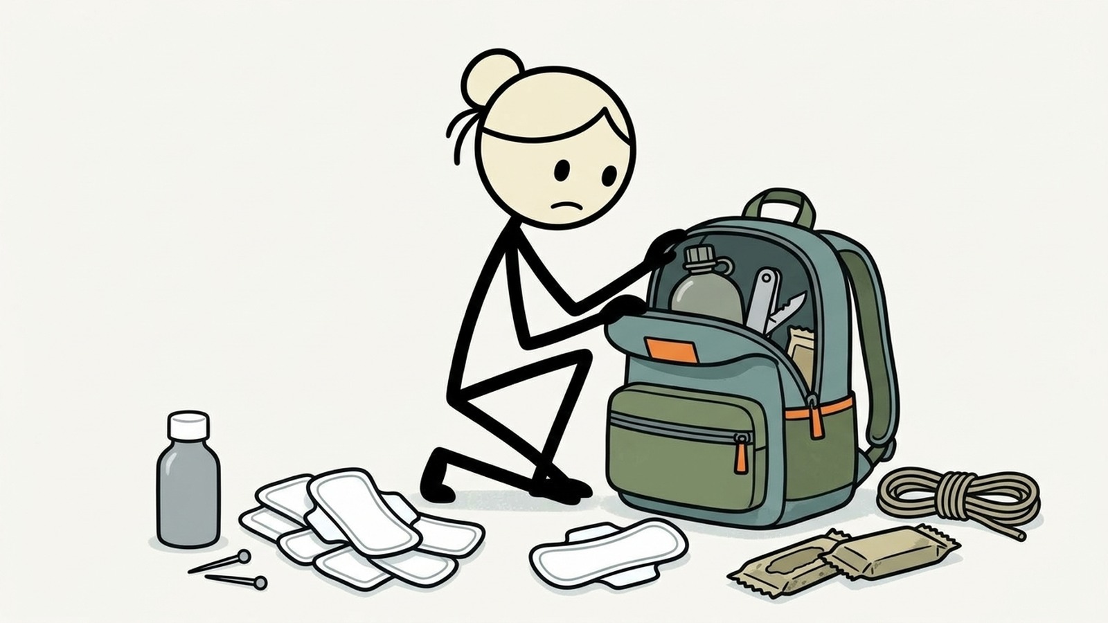 SC-stijl illustratie voor Nood-go-bag gids die behoeften aanpakt die doorgaans over het hoofd worden gezien in generieke voorbereidingslijsten