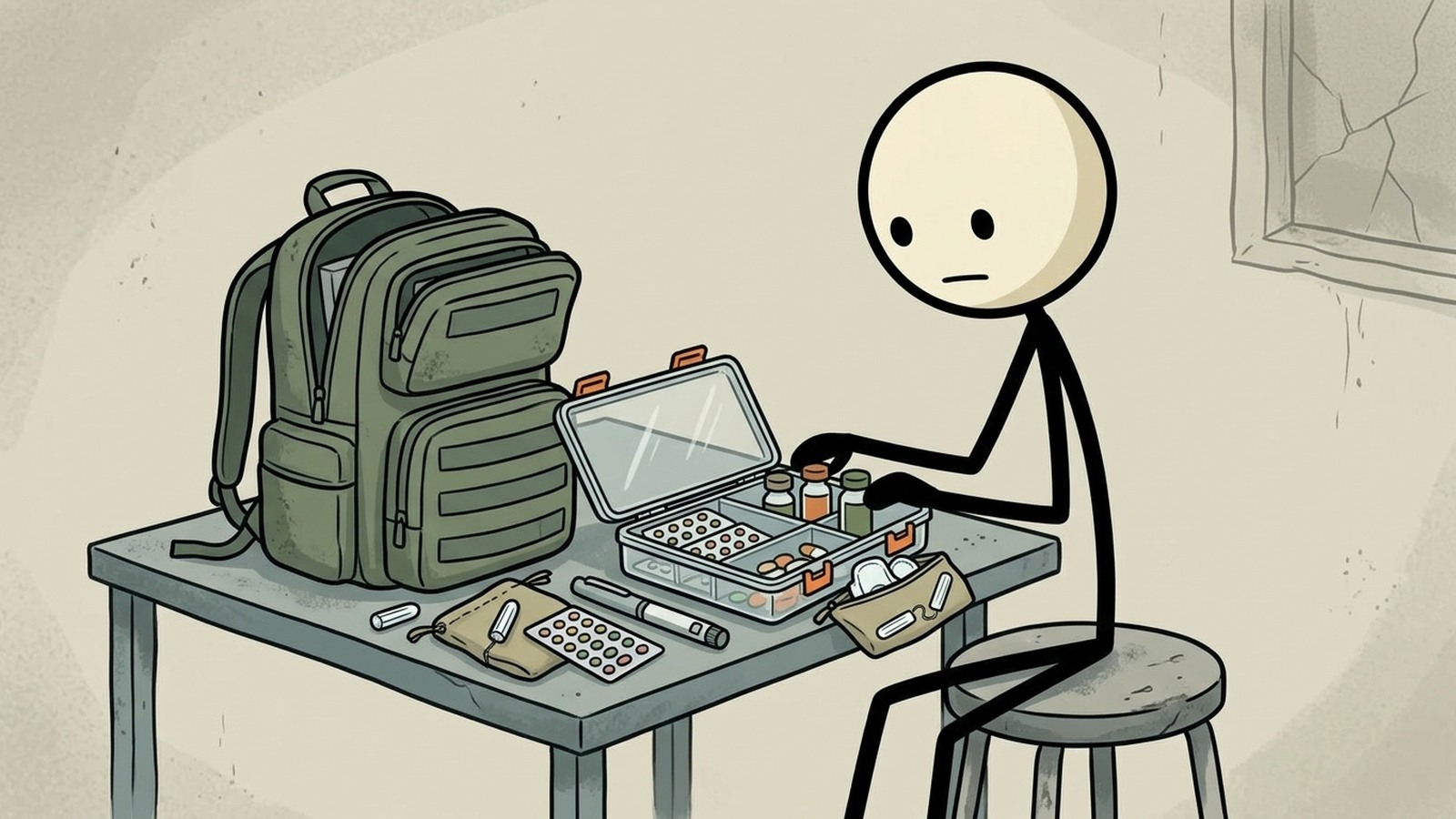 SC-stijl illustratie voor Nood-go-bag gids die behoeften aanpakt die doorgaans over het hoofd worden gezien in generieke voorbereidingslijsten