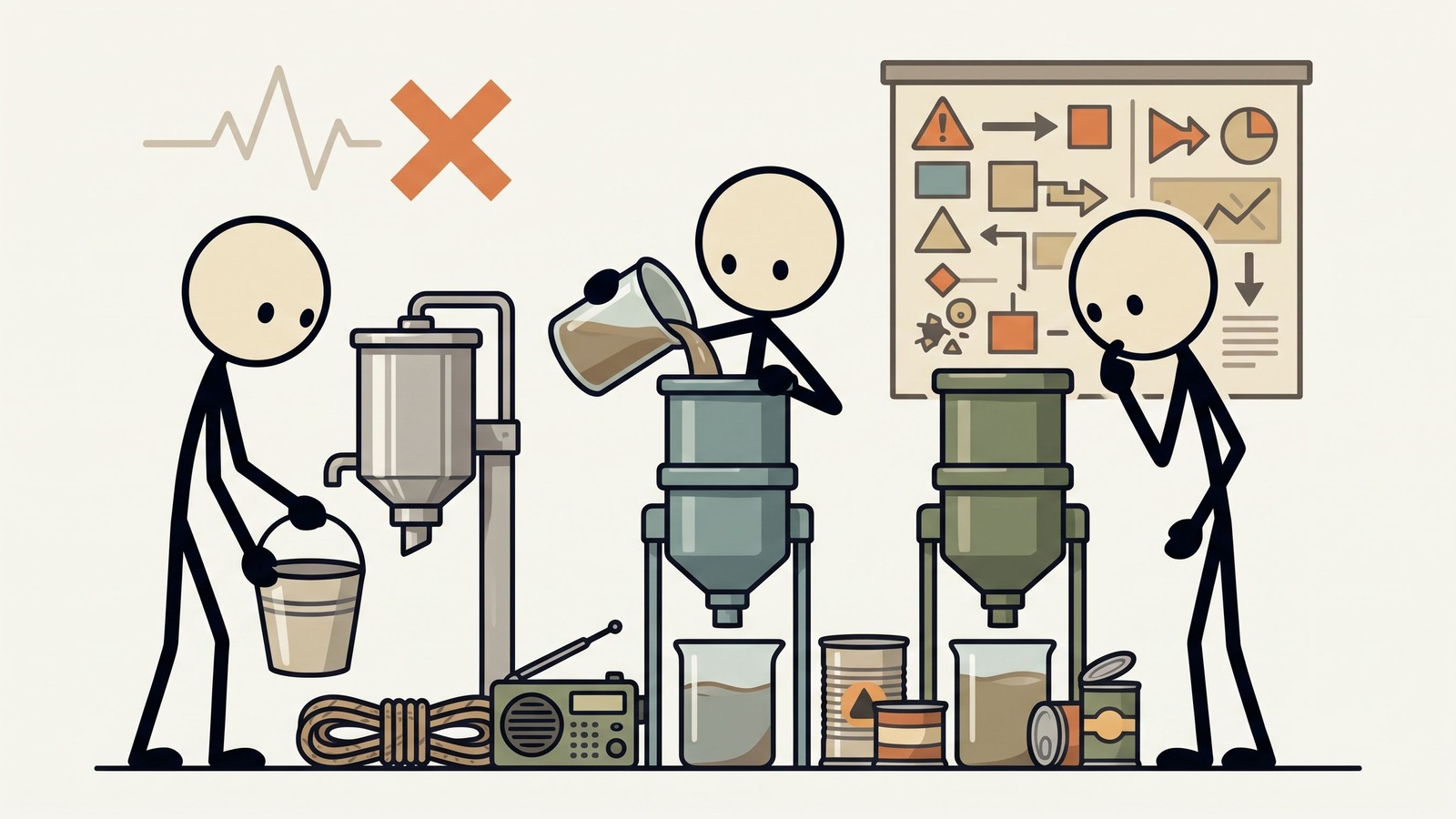 Ilustracja w stylu SC do porównania trzech wiodących domowych filtrów wody grawitacyjnych