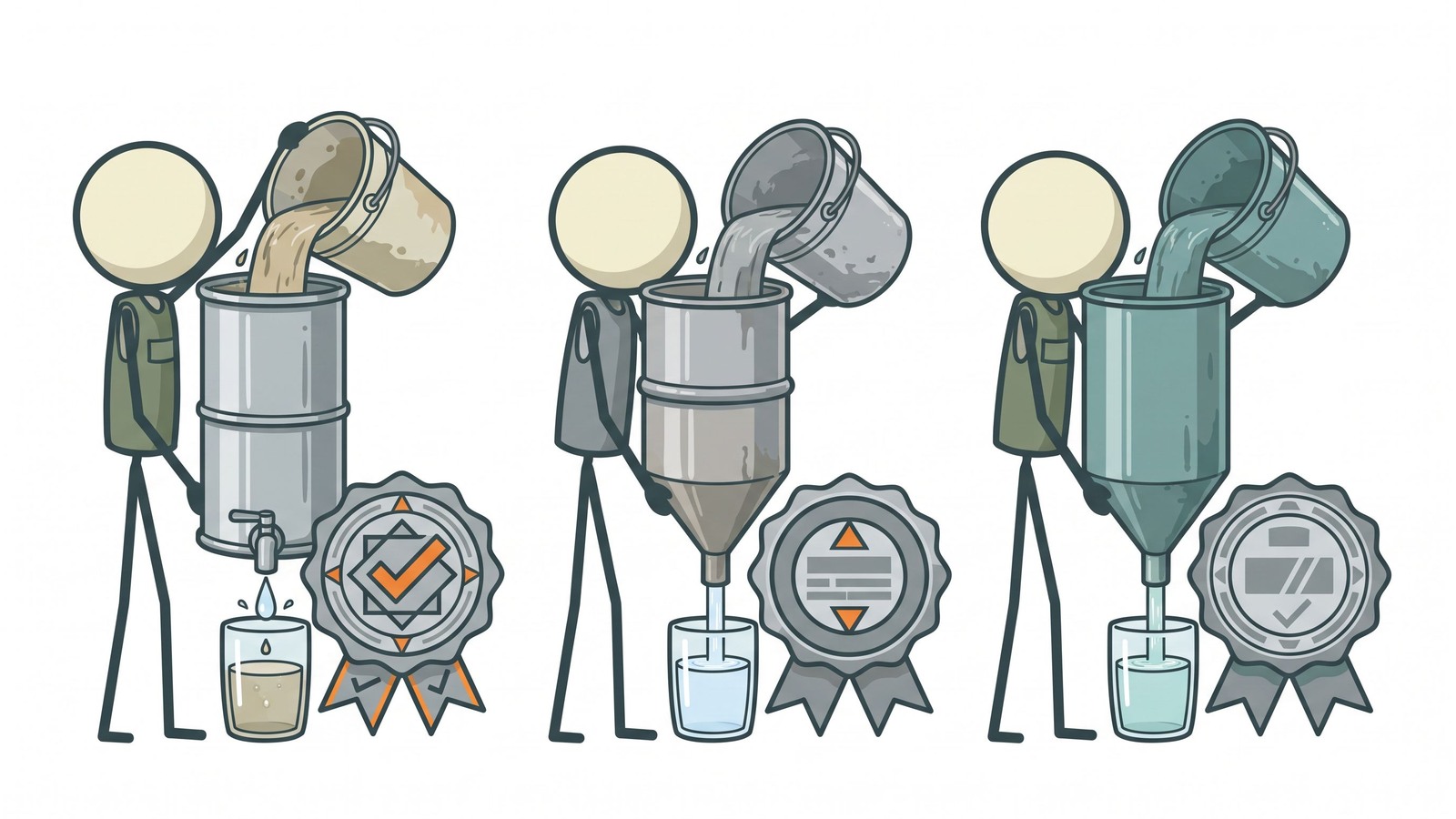 Ilustracja w stylu SC do porównania trzech wiodących domowych filtrów wody grawitacyjnych