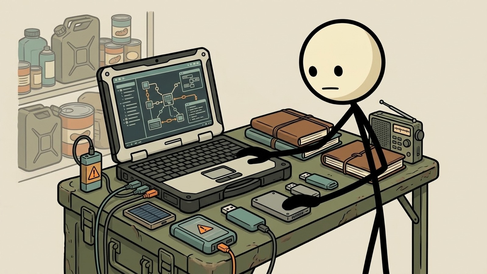 Ilustracja w stylu SC przedstawiająca, jak skonfigurować budżetowy system AI offline z lokalnymi modelami LLM dla preppersów i survivalistów. Jasno przedstawia DWIE ścieżki: ŚCIEŻKA 1 (LINUX - zalecana dla większości preppersów): Project Nomad na Ubuntu/Debian - rozwiązanie typu all-in-one. Jedno polecenie instalacyjne zapewnia offline Wikipedię, Khan Academy, referencje medyczne, przewodniki survivalowe, OpenStreetMap ORAZ lokalne modele LLM z akceleracją GPU. Wymaga Ubuntu 22.04+ lub Debian 12+. Najlepszy sprzęt: używany komputer stacjonarny z AMD Ryzen 7 lub Intel i7, 32GB RAM, dedykowana karta graficzna NVIDIA lub AMD Radeon 780M+, 1TB SSD. Opcje budżetowe: odnowiony Dell OptiPlex lub HP EliteDesk z i7 (150-250 USD na eBay), dodaj używaną kartę NVIDIA GTX 1070/1080 za 80-120 USD dla akceleracji GPU. Całkowity budżet: 230-370 USD za pełny zestaw Project Nomad. ŚCIEŻKA 2 (macOS - dla osób, które już posiadają Maca): Ollama + Open WebUI + AnythingLLM. Nie jest to tak gotowe rozwiązanie jak Project Nomad, ale ma tę samą podstawową funkcjonalność. Mac Mini M1 16GB (250-300 USD używany) uruchamia modele 7-8B z pełną akceleracją GPU Metal przy zaledwie 10-15W w stanie bezczynności (kompatybilny z energią słoneczną). Oprogramowanie jest całkowicie darmowe i open source. Porównaj obie ścieżki: Project Nomad jest lepszym wyborem dla preppersów, ponieważ zawiera offline Wikipedię, mapy, treści edukacyjne od razu po wyjęciu z pudełka. Droga macOS wymaga więcej ręcznej konfiguracji, ale działa świetnie, jeśli już posiadasz sprzęt. Analiza zużycia energii dla obu ścieżek. Dlaczego preppersi potrzebują AI offline: wiedza zależna od internetu jest pojedynczym punktem awarii. Tabela porównawcza Project Nomad vs PrepperDisk (199-279 USD), Doom Box (699 USD), R.E.A.D.I. (499 USD) - NOMAD jest darmowy i działa na każdym komputerze. Przewodnik krok po kroku dla obu ścieżek.