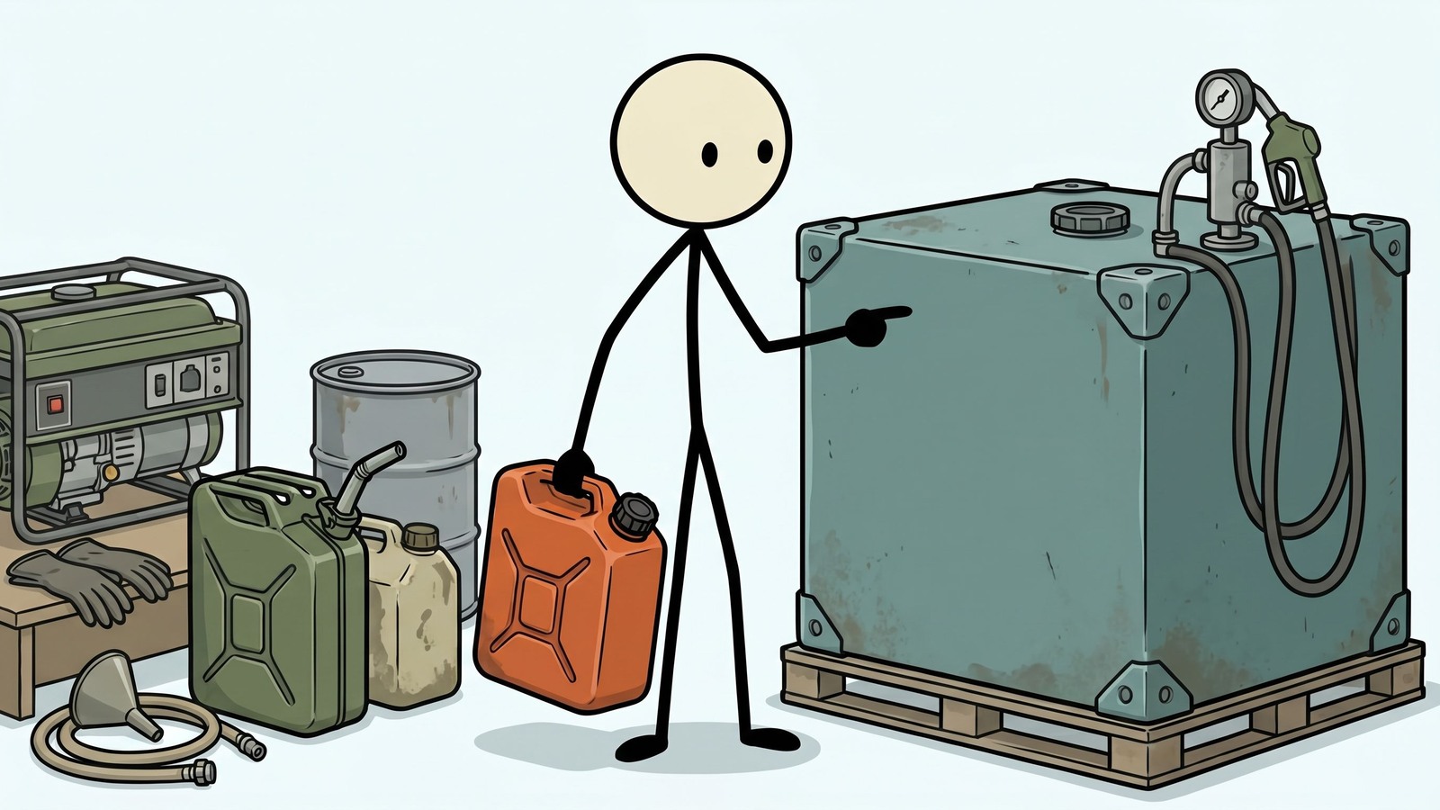 Ilustracja w stylu SC dla tego kompleksowego przewodnika, który szczegółowo opisuje, jak bezpiecznie przechowywać olej napędowy w domu dla generatorów awaryjnych, koncentrując się na maksymalizacji okresu przydatności do użycia, wyborze odpowiednich pojemników i przestrzeganiu przepisów bezpieczeństwa.