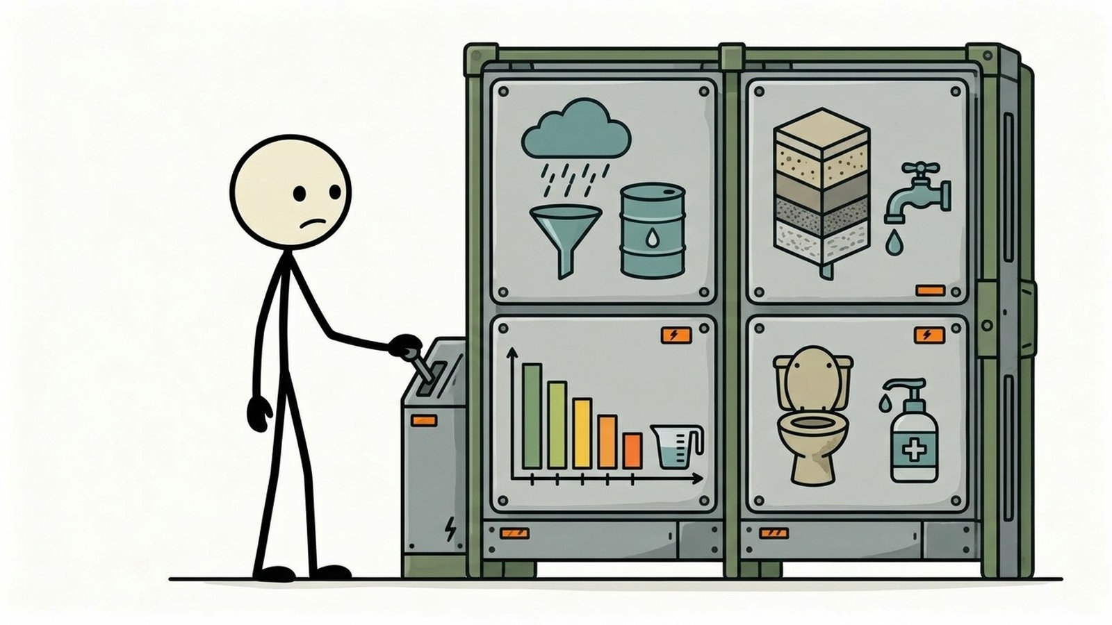 Ilustracja w stylu SC dla scenariuszy suszy trwającej wiele tygodni i miesięcy, w tym miejskich ograniczeń w dostawie wody, awarii studni, strategii racjonowania wody w gospodarstwie domowym, ponownego wykorzystania szarej wody i długoterminowego życia odpornego na suszę.