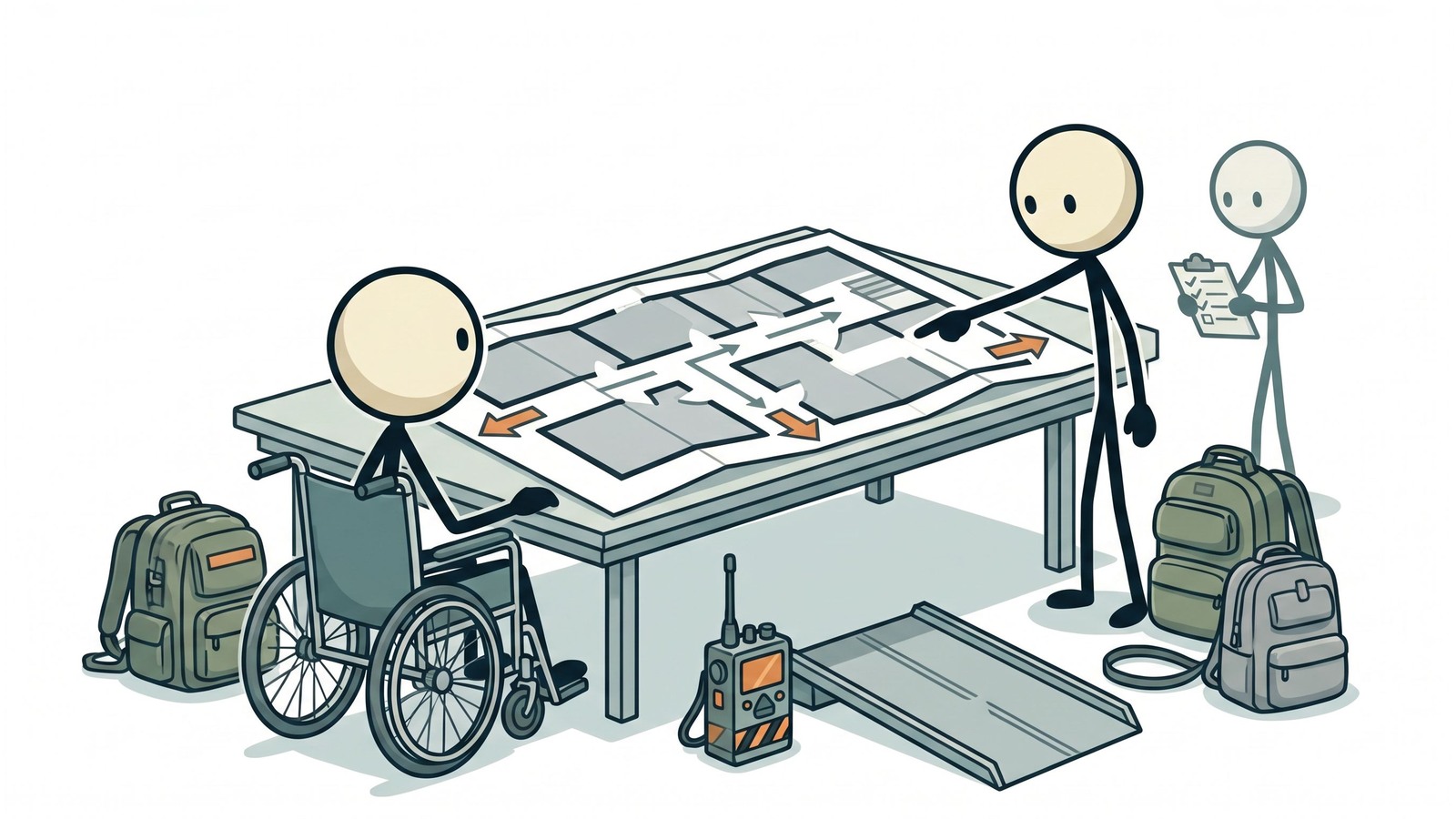 SC-style illustration for Comprehensive guide for people with disabilities covering evacuation planning, communication barriers, medical equipment backup power, special needs registries, and how caregivers can coordinate support.