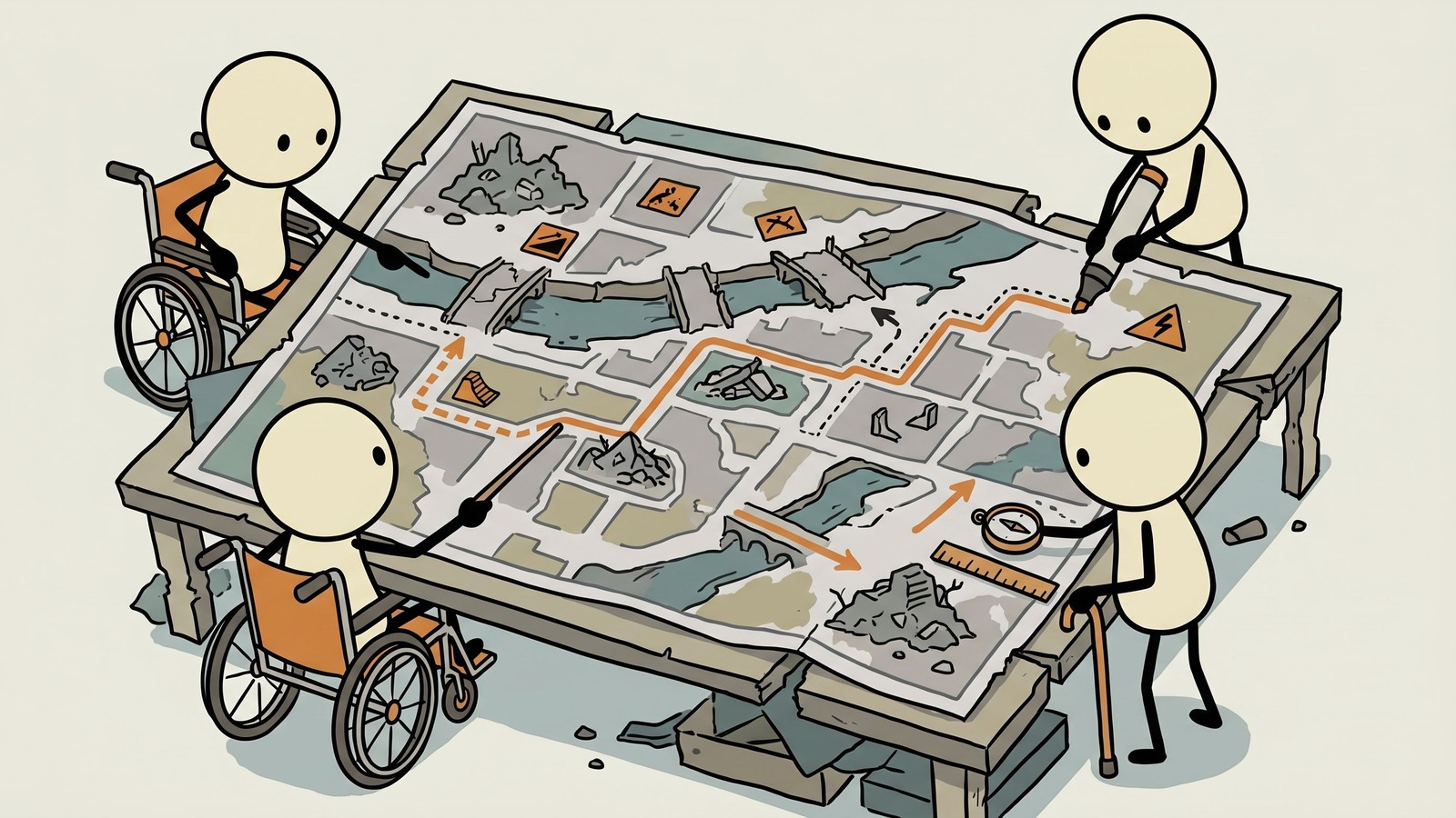 SC-style illustration for Comprehensive guide for people with disabilities covering evacuation planning, communication barriers, medical equipment backup power, special needs registries, and how caregivers can coordinate support.