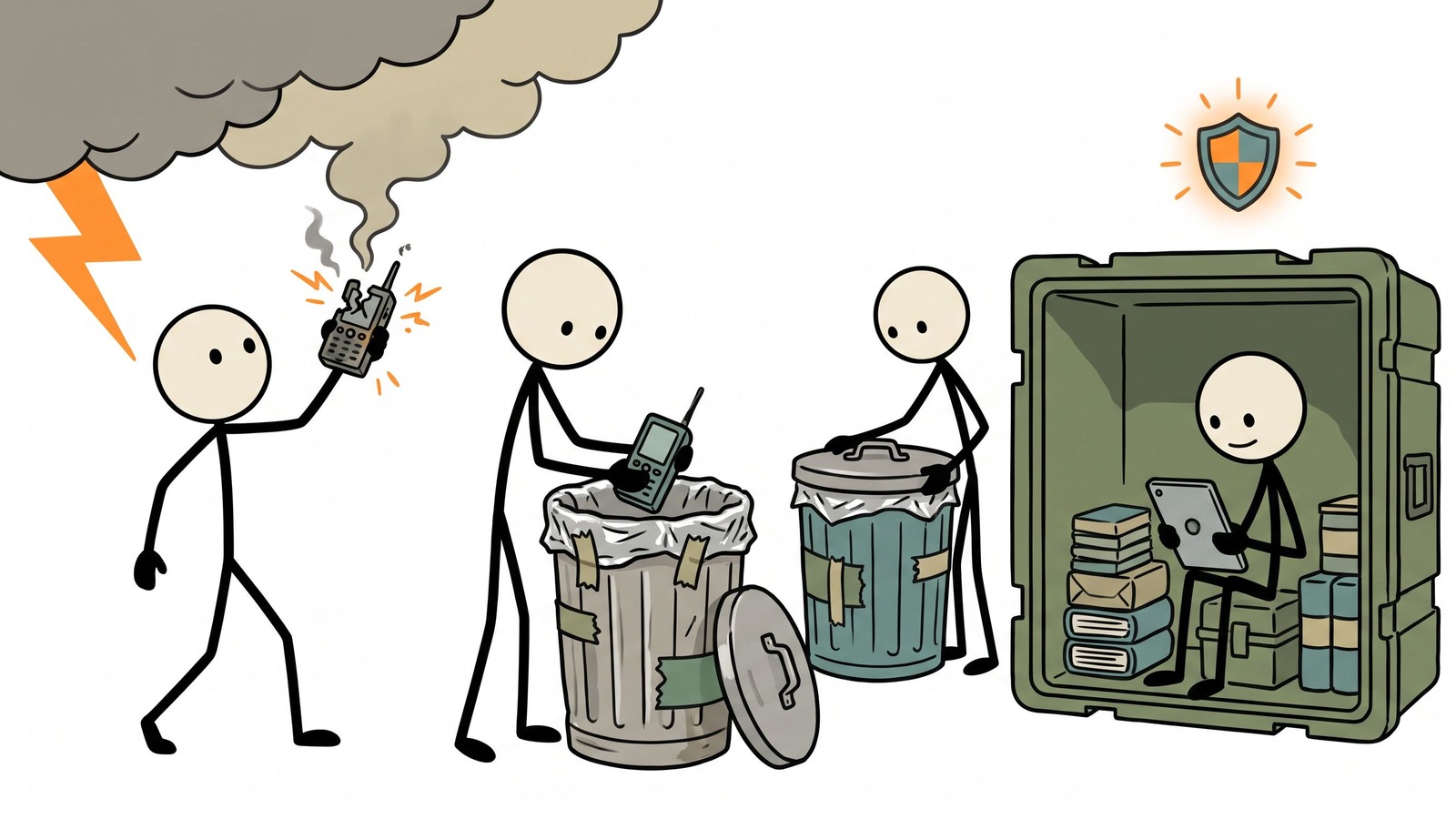 Ilustracja w stylu SC przedstawiająca praktyczne przygotowanie na EMP dla gospodarstw domowych, w tym opcje przechowywania w klatce Faradaya, priorytety chronionych urządzeń i metody testowania