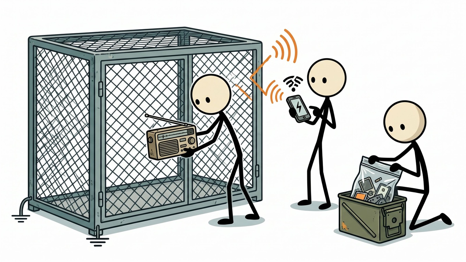 Ilustracja w stylu SC przedstawiająca praktyczne przygotowanie na EMP dla gospodarstw domowych, w tym opcje przechowywania w klatce Faradaya, priorytety chronionych urządzeń i metody testowania