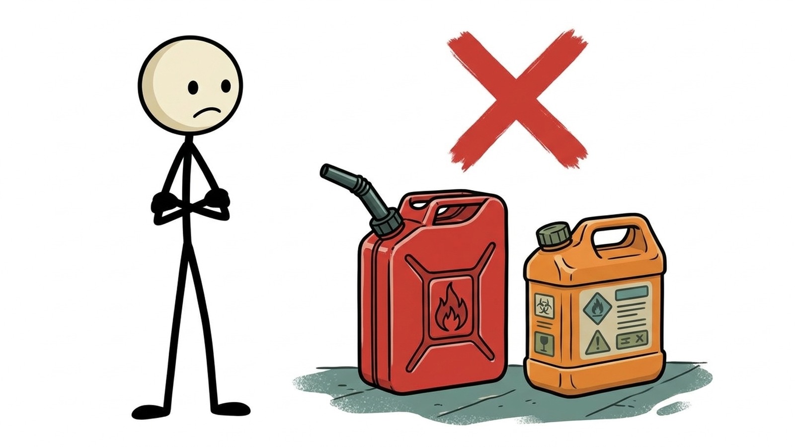 Ilustracja w stylu SC wyjaśniająca zatwierdzone pojemniki, limity prawne, wentylację, stabilizator, rotację i bezpieczeństwo przeciwpożarowe.