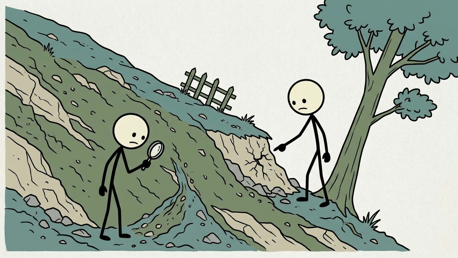 Ilustracja w stylu SC przedstawiająca ryzyko opadów deszczu, znaki ostrzegawcze dotyczące nieruchomości, wyzwalacze ewakuacji i bezpieczniejsze działania podczas osuwiska.