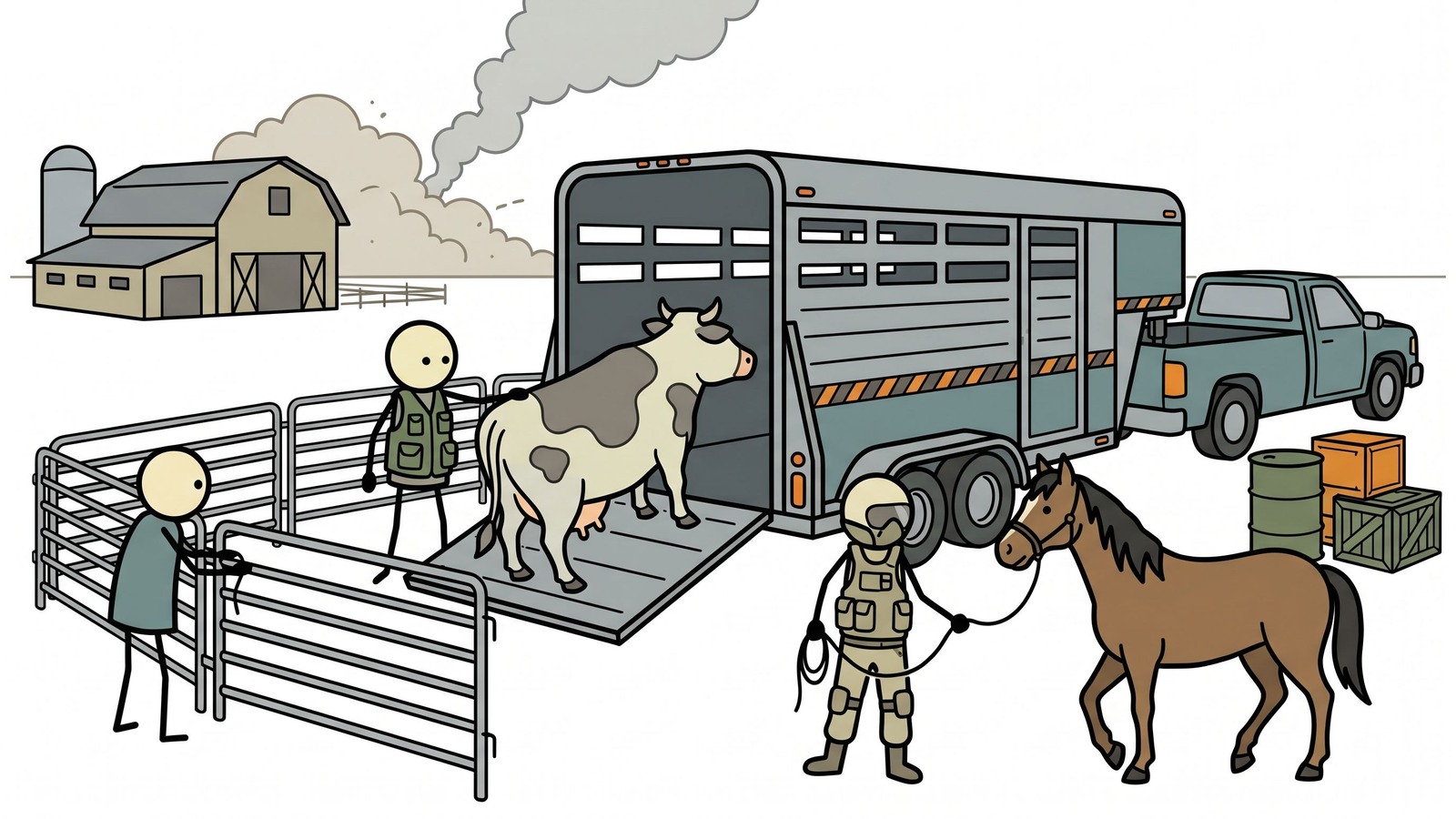 Ilustracja w stylu SC do przewodnika planowania awaryjnego dla rodzin ze zwierzętami gospodarskimi