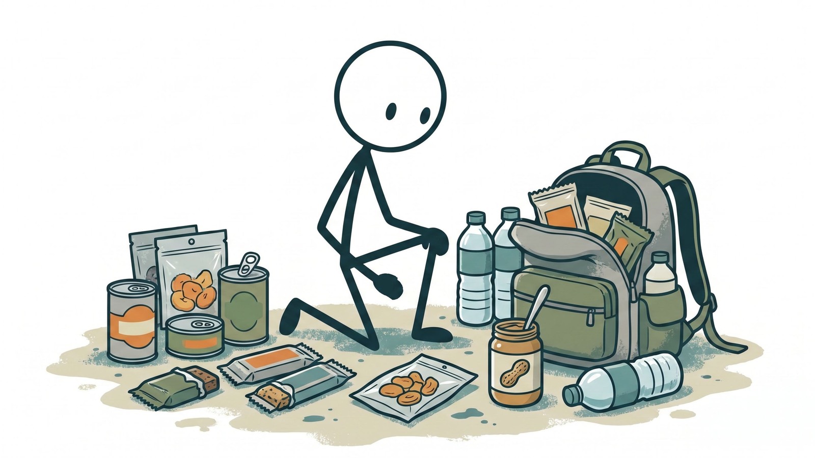 Ilustracja w stylu SC do projektowania awaryjnego menu bez gotowania z żywnością o długim terminie przydatności do spożycia, strategią nawadniania, równowagą żywieniową i przygotowaniem o niskim poziomie odpadów