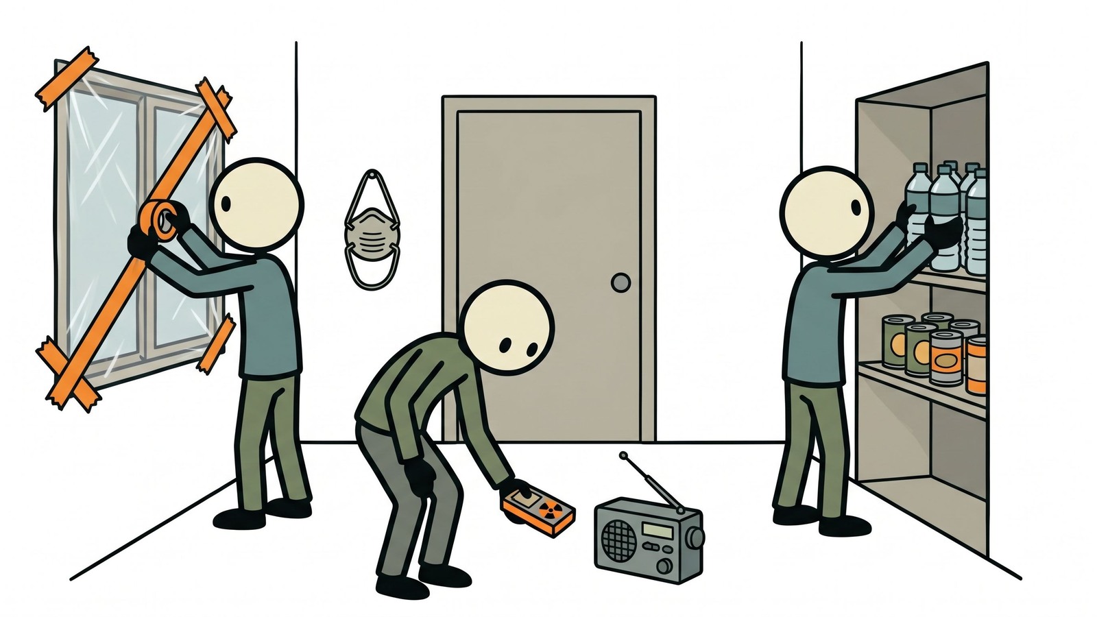 Ilustracja w stylu SC do tego przewodnika, która zawiera praktyczne, krok po kroku instrukcje dla preppersów i zaniepokojonych obywateli, jak bezpiecznie przetrwać krytyczne pierwsze 24 godziny po wybuchu jądrowym, aby zminimalizować ekspozycję na promieniowanie.