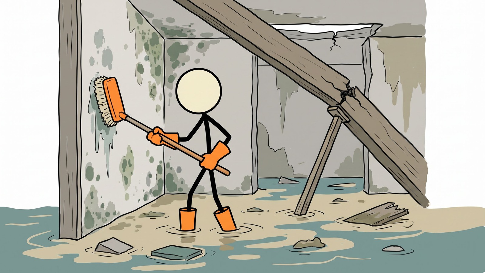 Ilustracja w stylu SC do kompleksowego przewodnika przetrwania, jak bezpiecznie odzyskać dom po powodzi, skupiającego się na identyfikacji zagrożeń strukturalnych, zapobieganiu wzrostowi toksycznej pleśni i realizacji protokołu dezynfekcji krok po kroku.